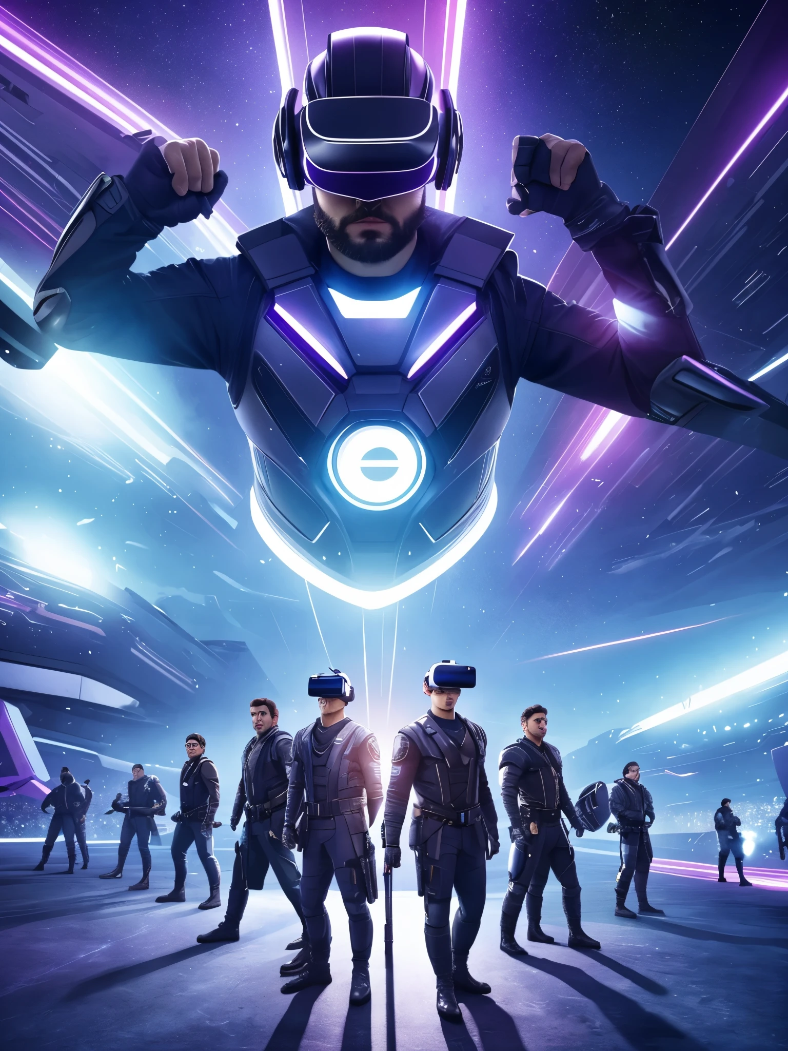 a close-up of men wearing a virtual reality headset looking upwards, digital banner, technological, commercial banner, technology, with AI theme, futuristic technology, clean background trending, modern technology, future technology, smooth technology, website banner, the image is futuristic, brilliant daylight vr os ux, violet colored theme, holographic interface,