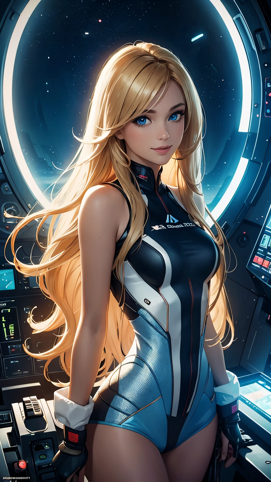 (best quality,ultra-detailed,photo-realistic:1.37),bright and vibrant colors,studio lighting,playful expression,stylish makeup,long blonde hair flowing in the wind,alluring eyes,glossy lips,sexy pose, Space Cadet, Cockpit, smiling in a confident and seductive way,posing for a professional photoshoot,shallow depth of field,highlighting the main subject,soft natural lighting,creating a dreamy and magical atmosphere.