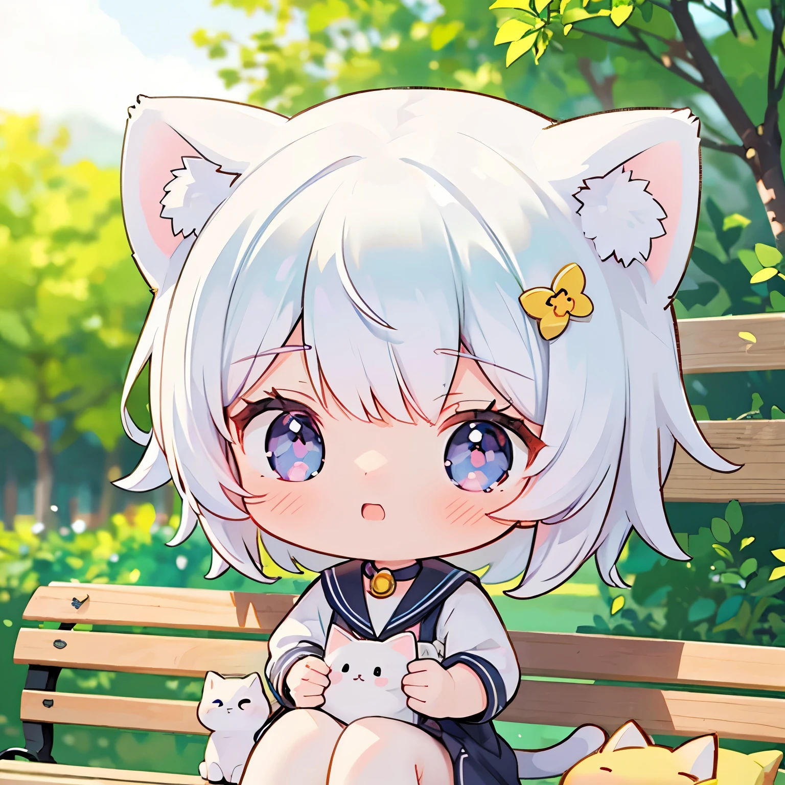 Long shot, anime girl sitting on bench, yawning, close one eye, season is summer, realistic anime cat, realistic anime art style, cute realistic portrait, beautiful anime cat girl, realistic anime art style, anime realism style, anime cat girl, very beautiful anime cat girl, realistic anime 3D style, Very Beautiful Cute Cat Girl, Cute Anime Cat Girl, Anime Style