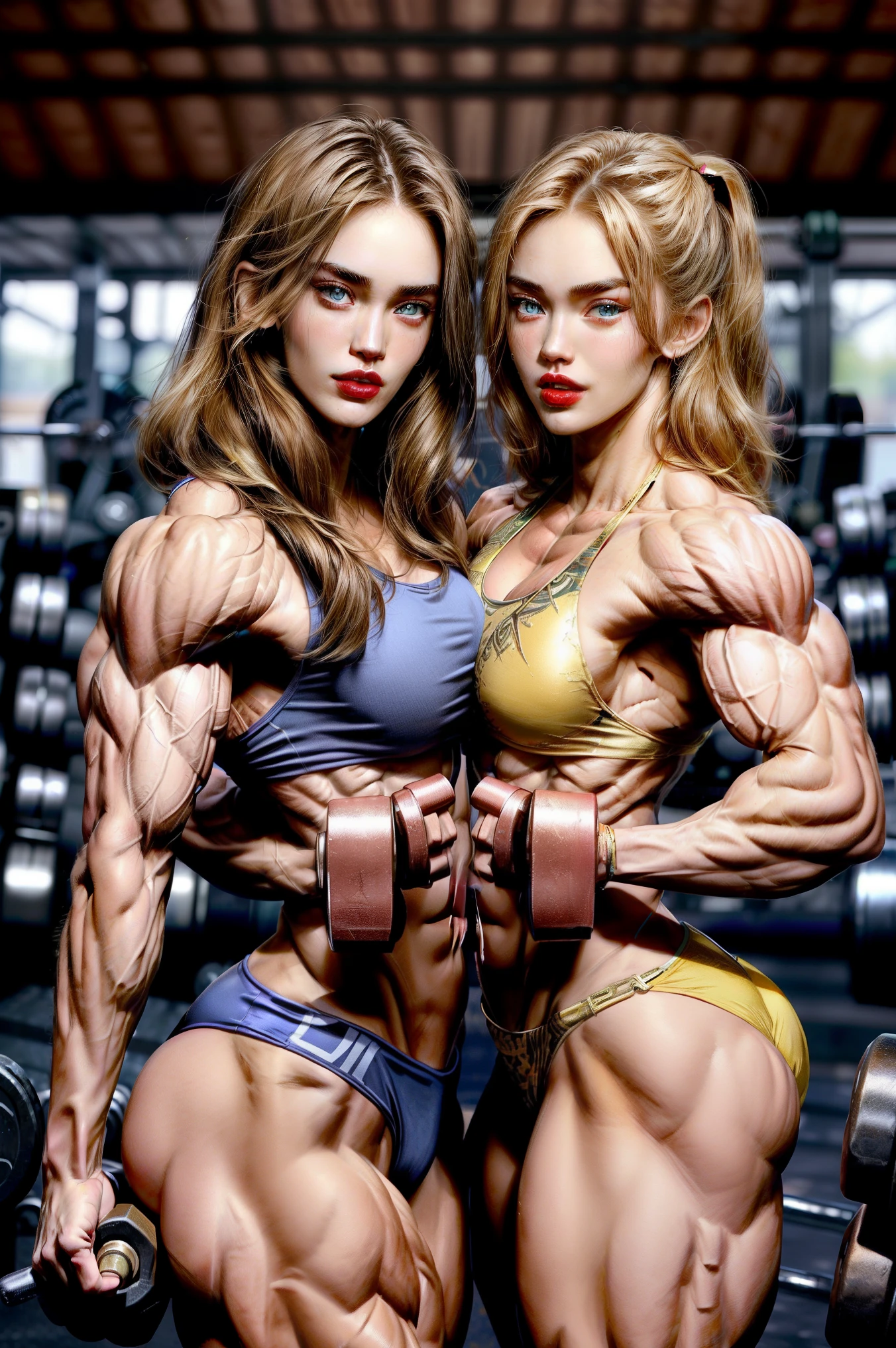 (2 girls body builders:1.6), ((masterpiece)), best quality, ultra-detailed:1.7, finely detail, high resolution:1.6, perfect dynamic composition, beautiful detailed faces:1.77, ginger babes:1.88, perfect red lipstick, perfect makeup:1.8, short denim bikini , blue eyes, extra large breasts:1.4, lovely look:1.7, gorgeous face:1.6, defined muscles:1.4, beautiful faces:1.8, alessandra ambrossio, izabel goulart, Kate Upton, Gigi Hadid, candice swanpoel ,popped out dense veins on muscles:1.8, hyper detailed picture:1.4, 8k resolution: 1.7, flex muscles:1.3, hyper muscular body shape:1.42, photorealistic:1.5, realistic:1.6, face masterpiece:1.74, good and professional lighting on picture:1.38, Swedish-Arabian muscle beauty goddess, masterpiece 28 years old and Megan Fox as bodybuilders, extremely high resolution, hyper feminine beauty , hyper realistic texture , hyper muscularity, hyper vascularity, ass of titanium, muscles of steel, ripped body shape, ripped sexy ass with bikini, muscular ass , topless, kissing, good face details, hyper face detailing, doing sex, super romantic moment, hyper romantic, romantic kiss, perfect symmetrical face, sexy french kiss with tongues, serious muscle posing, ginger and blonde babes, perfect teeth and smile