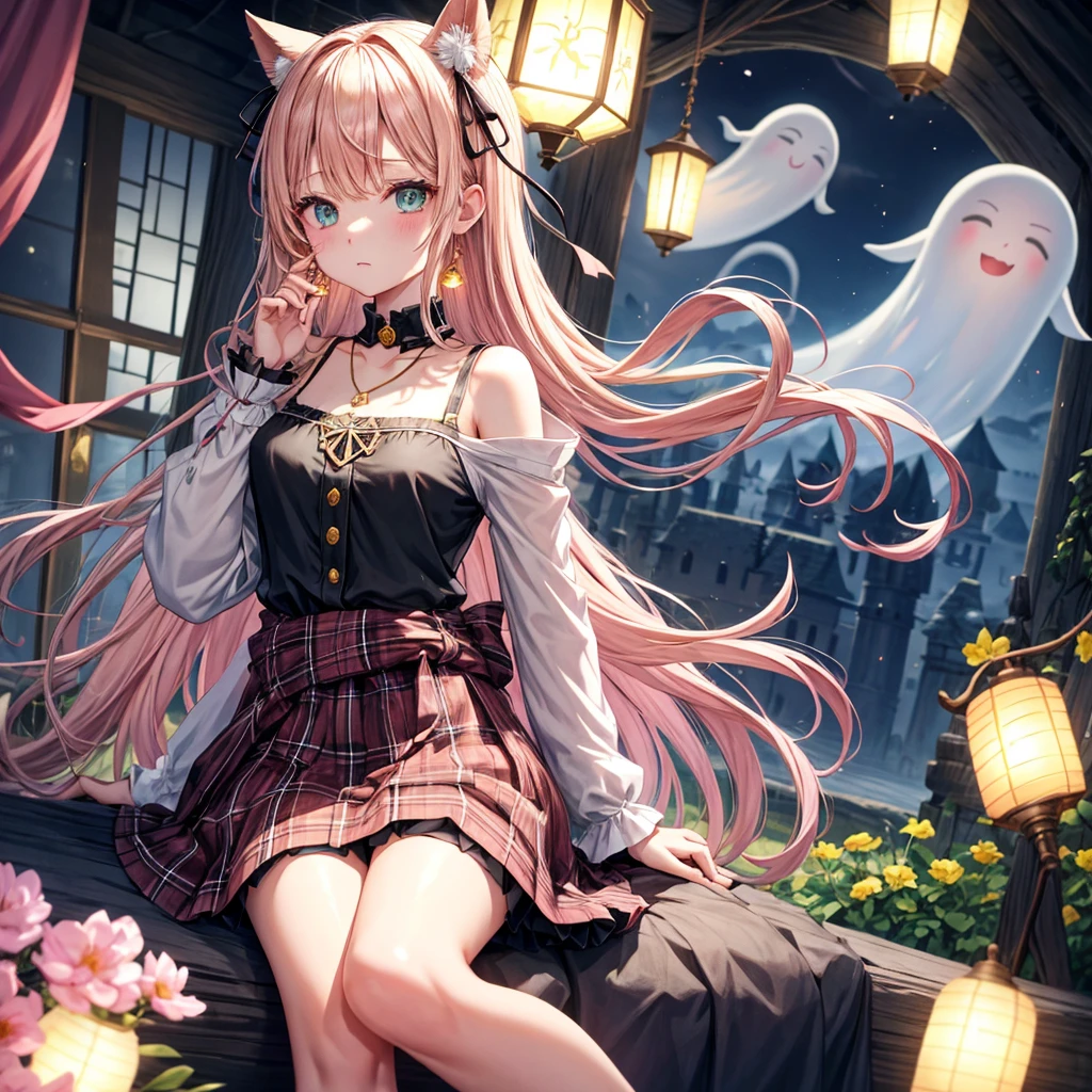 pink blonde、green eyes、one good looking girl、solo、anime、plaid mini skirt、the skirt has buttons、black camisole、black t-shirt、dress、wearing a ribbon、ribbon at waist、cloak、hood、clouds are swirling、stone slabs are piled up、one hand raised、crystal earrings、vegetable garden、monster castle、ceiling、golden key、jewelry necklace、Light and shadow、window、Hundreds of Ghosts at Night、lantern、sitting、legs crossed、mirror