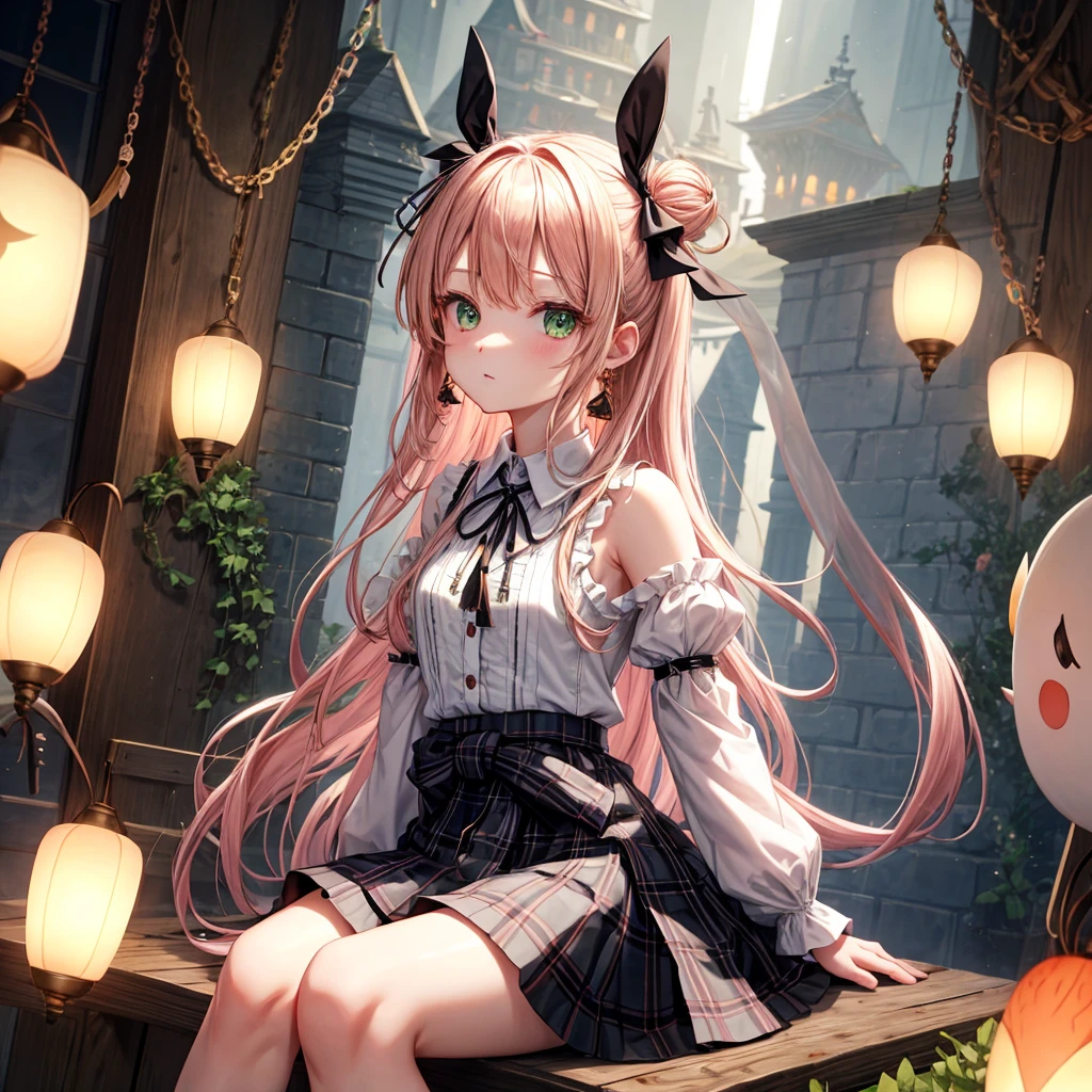 pink blonde、green eyes、one good looking girl、solo、anime、plaid mini skirt、the skirt has buttons、black camisole、black t-shirt、dress、wearing a ribbon、ribbon at waist、cloak、hood、clouds are swirling、stone slabs are piled up、one hand raised、crystal earrings、vegetable garden、monster castle、ceiling、golden key、jewelry necklace、Light and shadow、window、Hundreds of Ghosts at Night、lantern、sitting、legs crossed、mirror、Carrot