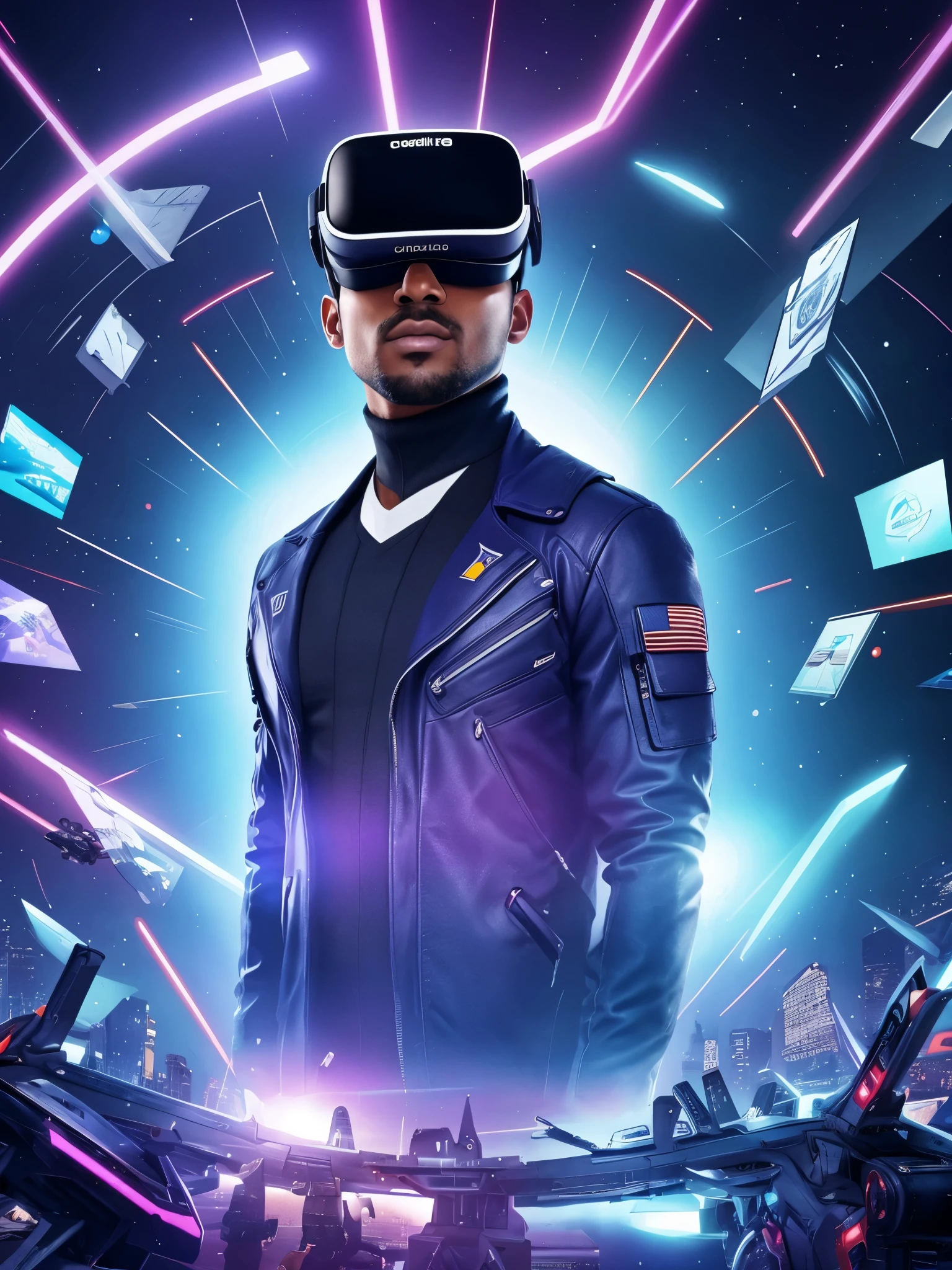 a close-up of men wearing a virtual reality headset looking upwards, digital banner, technological, commercial banner, technology, with AI theme, futuristic technology, clean background trending, modern technology, future technology, smooth technology, website banner, the image is futuristic, brilliant daylight vr os ux, violet colored theme, holographic interface,