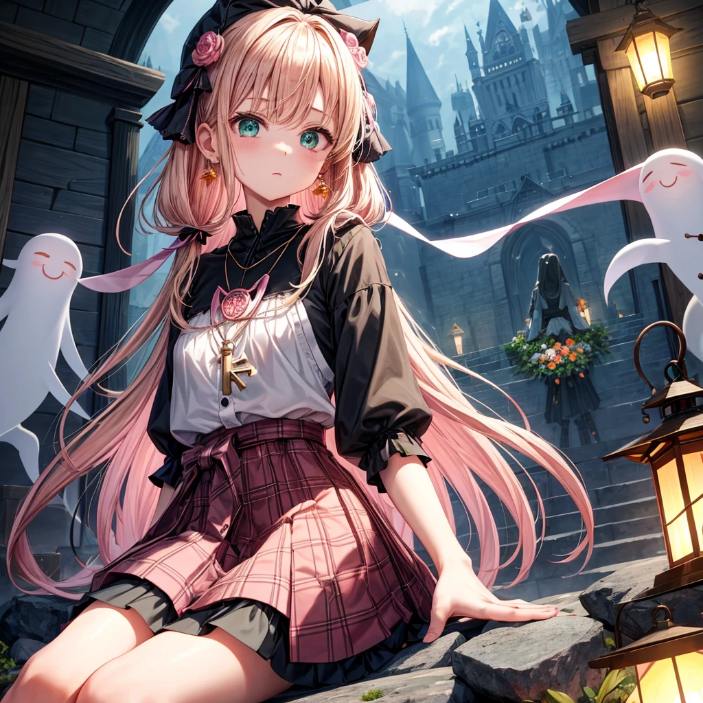 pink blonde、green eyes、one good looking girl、solo、anime、plaid mini skirt、the skirt has buttons、black camisole、black t-shirt、dress、wearing a ribbon、ribbon at waist、cloak、hood、clouds are swirling、stone slabs are piled up、one hand raised、crystal earrings、vegetable garden、monster castle、ceiling、golden key、jewelry necklace、Light and shadow、window、Hundreds of Ghosts at Night、lantern、sitting、legs crossed、mirror、Carrot