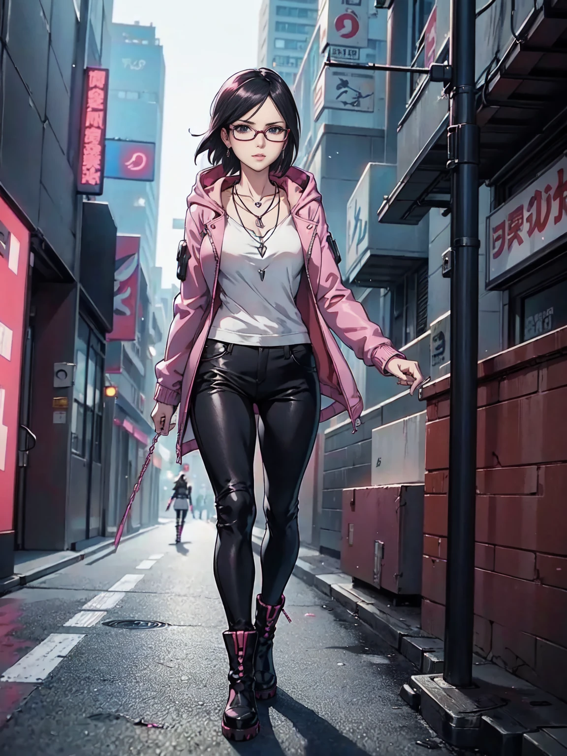 ((1girl, solo ,alone, Sarada Uchiha, short hair, ((black eyes, glasses)), uchiha sarada)), ((solo, 1woman, pink lipstick, Extremely detailed, ambient soft lighting, 4k, perfect eyes, a perfect face, perfect lighting, a 1girl)) austere, ((anime girl, ((women's long ankle boots, dark pink jacket, long jacket, black pants, ruby earrings, necklace)), cyberpunk anime girl, cyberpunk in hoodie, badass anime, cute cyberpunk girl, cyberpunk streets in, cyberpunk style, cyberpunk white outfit, oppai cyberpunk, full cosplay, ((sharp face)), official art, beautiful, mature, walking in the street))