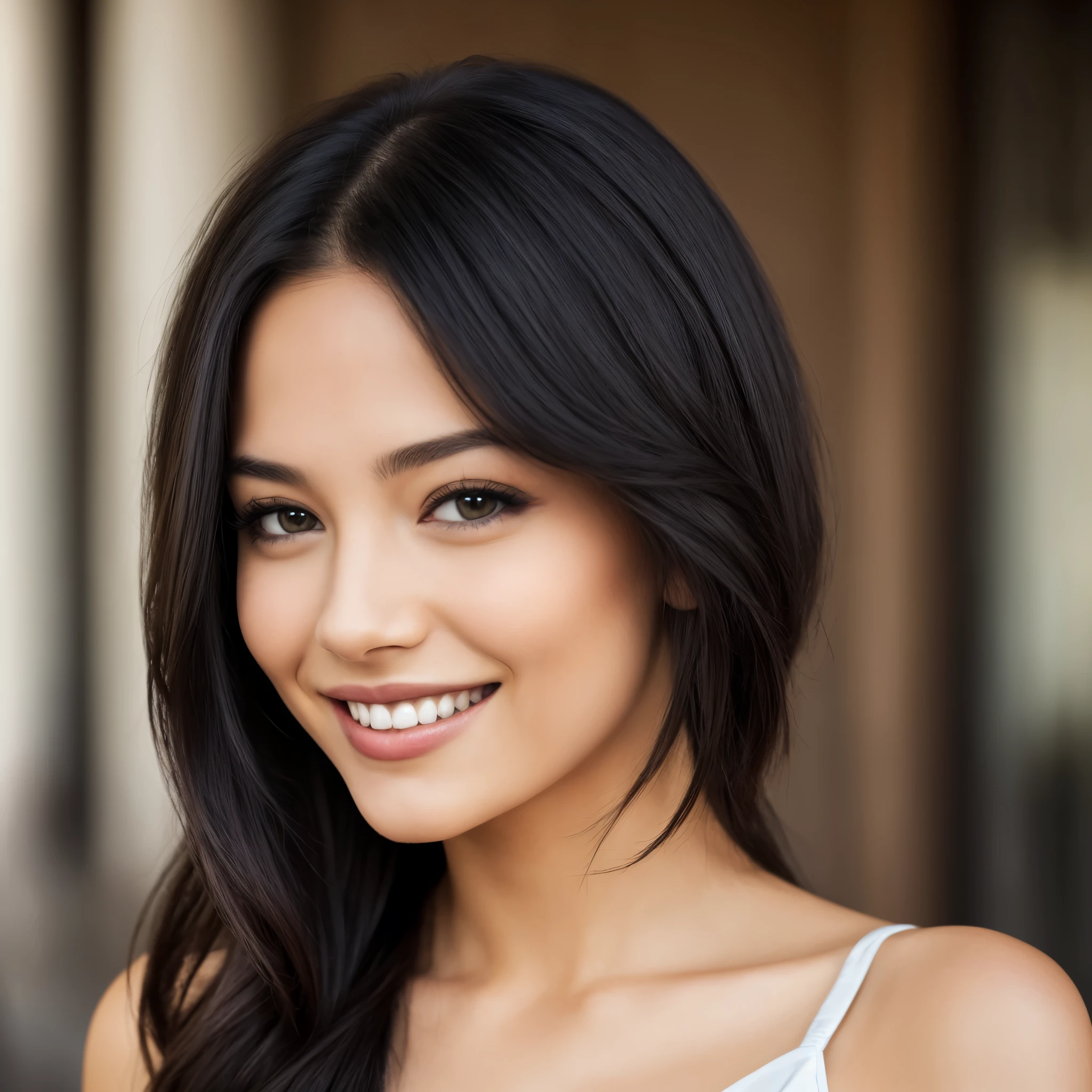 Realistic girl, black hair, sexy lips, beautiful smile, capture on best camera