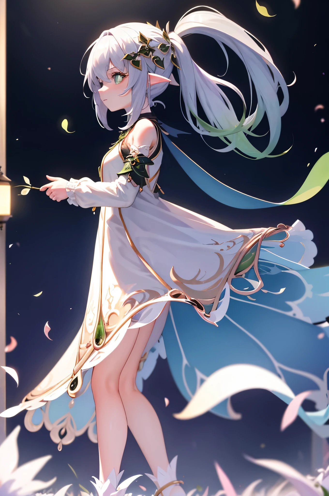 (extremely exquisite beauty: 1.2), 1 girl, Permanently installed, whole body, Bangs, backlight, Vague, Vague background, bow, shut up, View from the side, hair bow, lantern, light particles, long sleeves, looking at the audience, alone