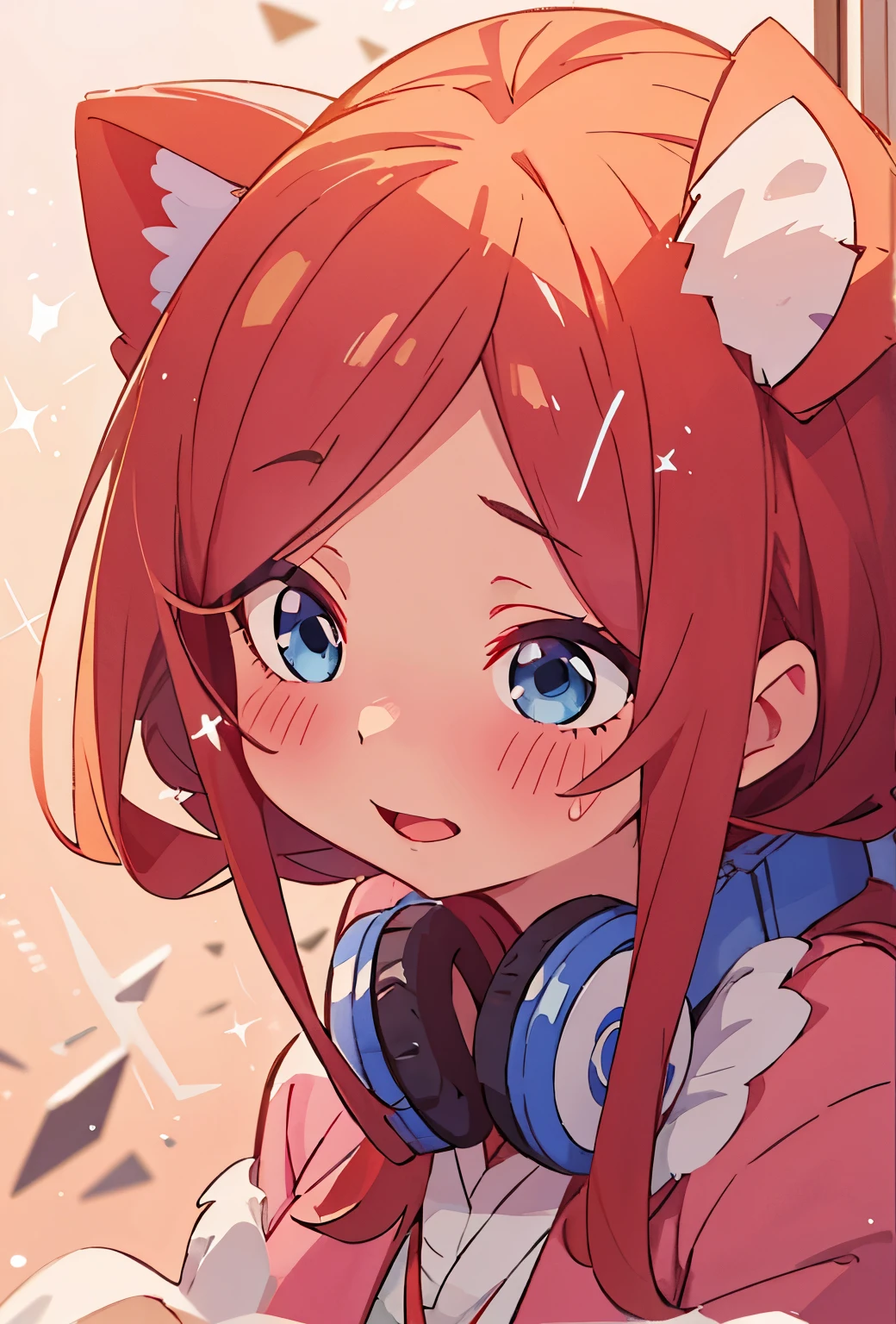 Miku, sparkling big eyes, sfw, pretty teenage girl with long dark pink hair, heart shaped lips and blue eyes making a cute face, laughing, aamiku, Nakano Miku from The Quintessential Quintuplets, Miku Nakano, masterpiece, 4k, ultradetailed, cowboy shot, nakano miku, long pink red hair, one strand of hair across her face, blue eyes, 