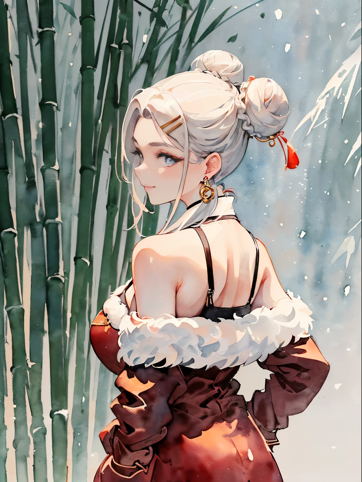 (((Samurai hairstyle:1.2,)))(((((((Chinese ink painting，watercolor paiting,Bamboo forest background,rich background,Light interlaces light and dark，snow,Snowflakes in the sky，))))))((((female Face,confident smile,Lovely ,Lovely,kawaii)))),(((dragon pupils:1.2,Blush stickers,V-shaped eyebrows,Cyan mixed with white highlights hair，fox fur cuffs,White mink coat:1.2，Off the shoulders,hands in pockets,)))((1 lady,Astonishing,races of mixing korean lady and Saudi Arabia lady，face slimming，alone,))(masterpiece,best quality, official art, Beautiful and aesthetic:1.2),((ultra high resolution,golden ratio,)) (Hour,HD,16k),((from above，milf，Plump body,Detailed oil painting,)),{{watercolor}},(Physically based rendering),Astonishing,sharp focus, (((High detail skin,))),Costume details are intricate,lying silkworm eyebrow，long eyebrows,Delicate pupils,danfeng eye,((((detailed头发,short hair|undercut|high top knot|Fluffy bun)))),thin and long,(masterpiece侧光),(luster),(beautiful hair,漂亮的Eye,）[[Delicate fingers and hands:0.55]::0.85],(Detail fingers),(((upscale,)))),((Incredibly ridiculous,)),((Extremely_detailed_Eye_and_Face)),girl,(Dynamic configuration: 1.2),outstanding,smooth, (lifelike:1.2), The light from the rear window is backlit,Gloves, ((hairpin)),gold earrings, light particle petals, edge rock,elegant long dress, Double-sided fabric