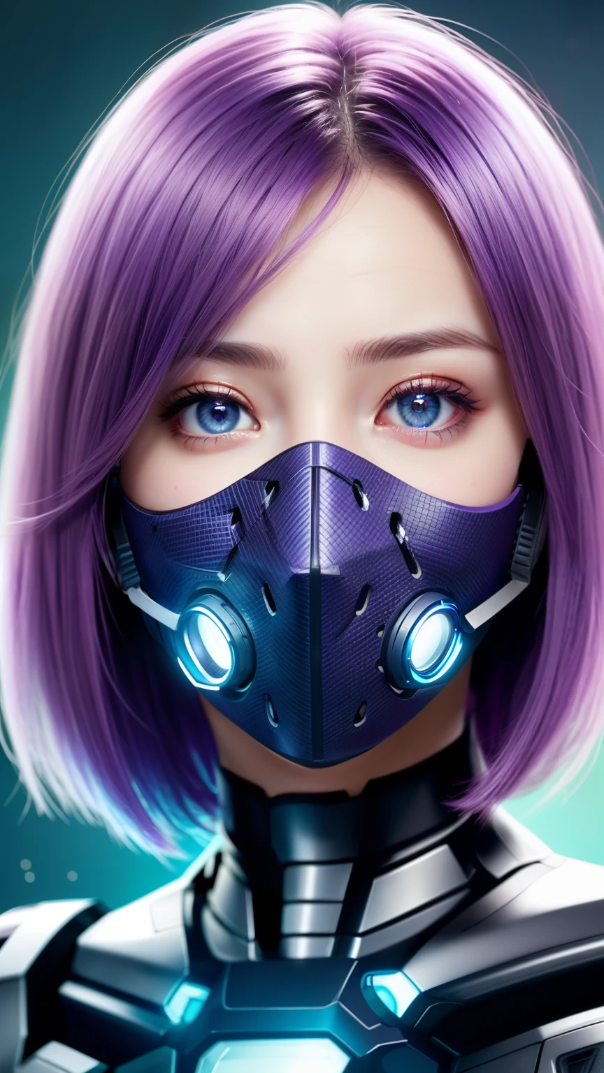 full head portrait, (detailed face), front view, straight facing the camera (beautiful detailed eyes:1.2), (glowing eyes:1.2), | solo, cyborg woman, short hair, purple hair color, light blue eyes, (iron plate mouth mask:1.2)