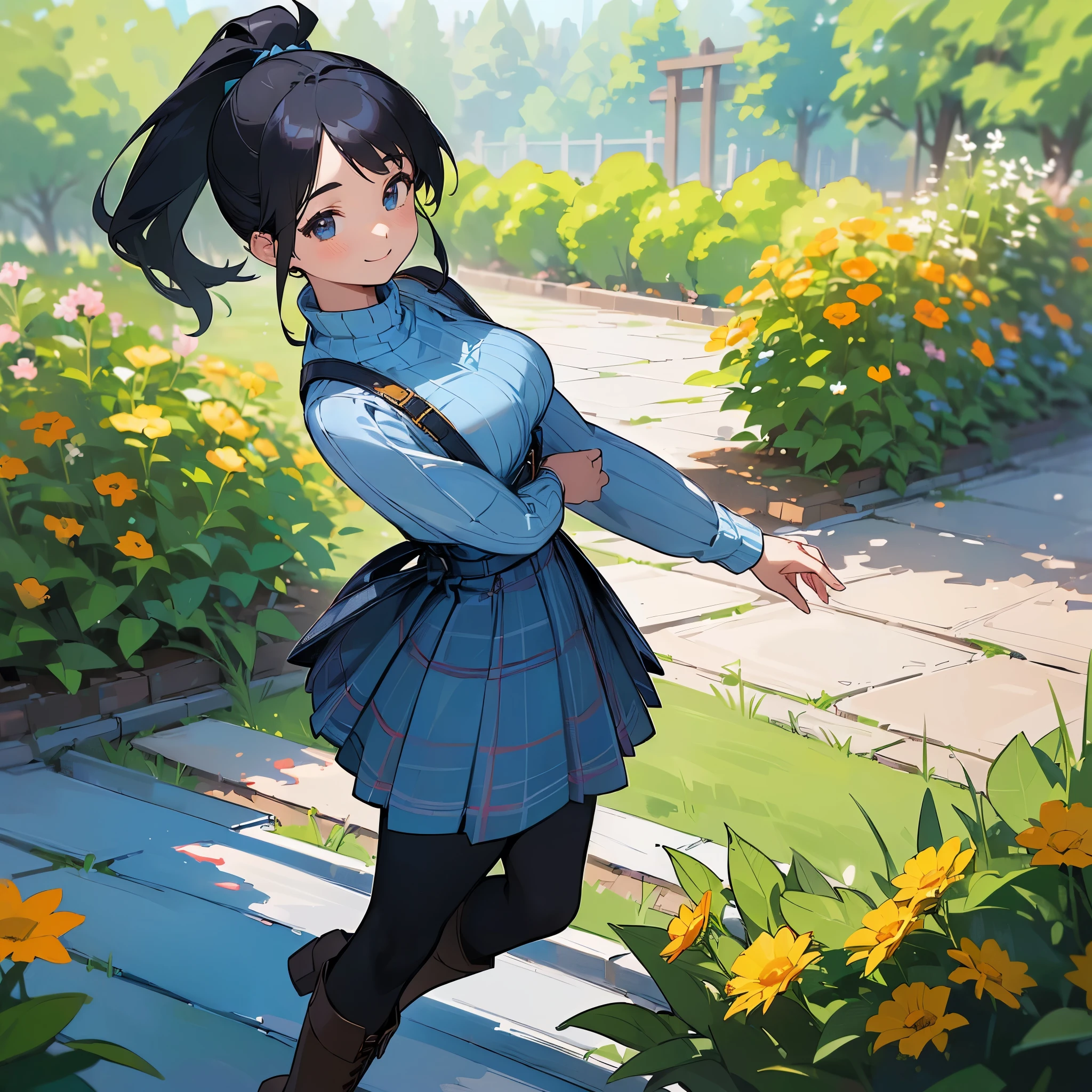 (high quality, High resolution, Super detailed, reality:1.37), peaceful atmosphere, (outdoors, garden), age girl standing alone, (my breasts are big.), Beautiful detail features, cute smile, (black hair ponytail), ribbed sweater, blue plaid skirt, black tights, brown boots.