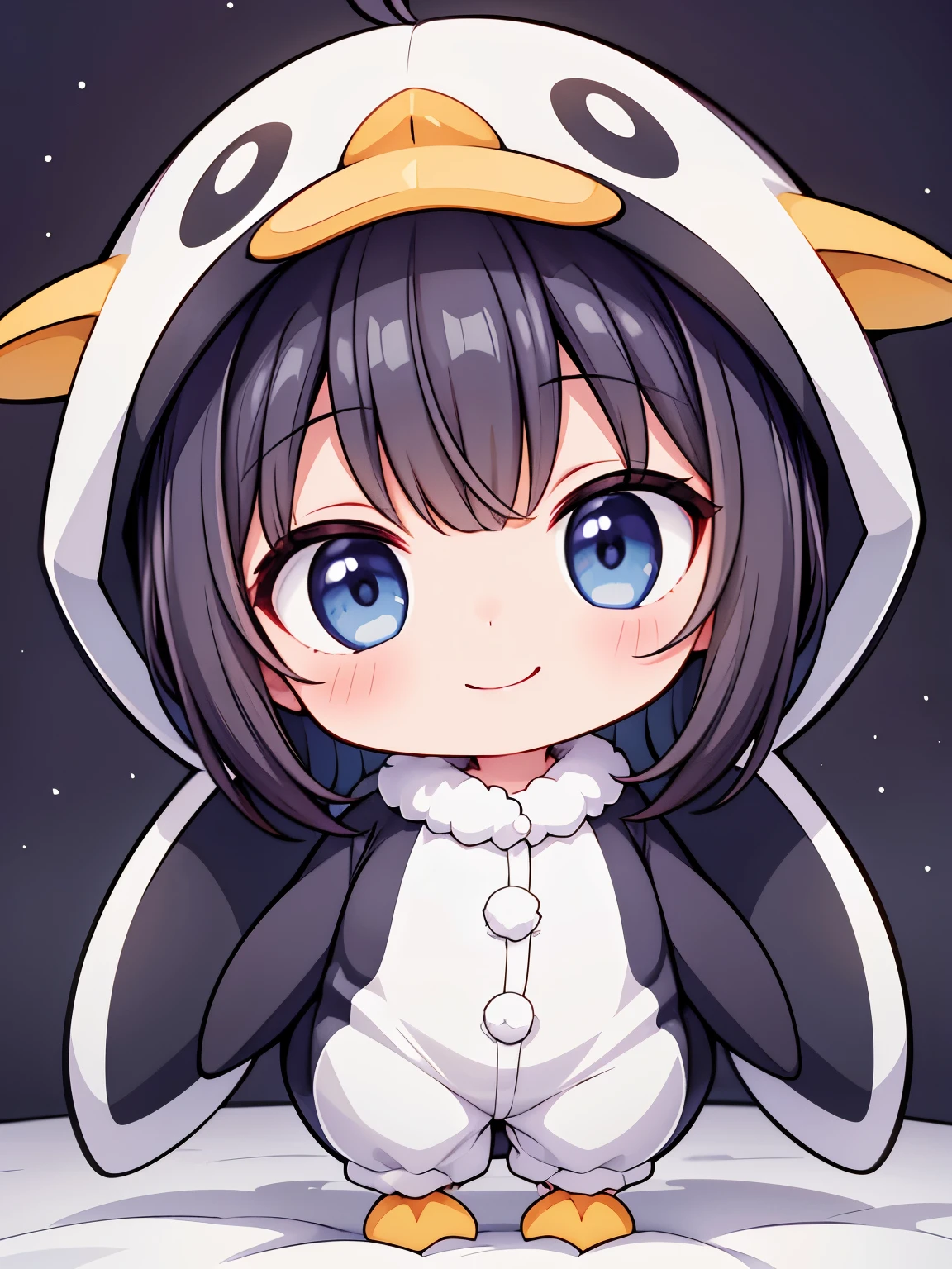 masterpiece, best quality, extremely detailed, anime, (,chibi),(penguin costume), (penguin pajamas), happy expression, smile,fluffy