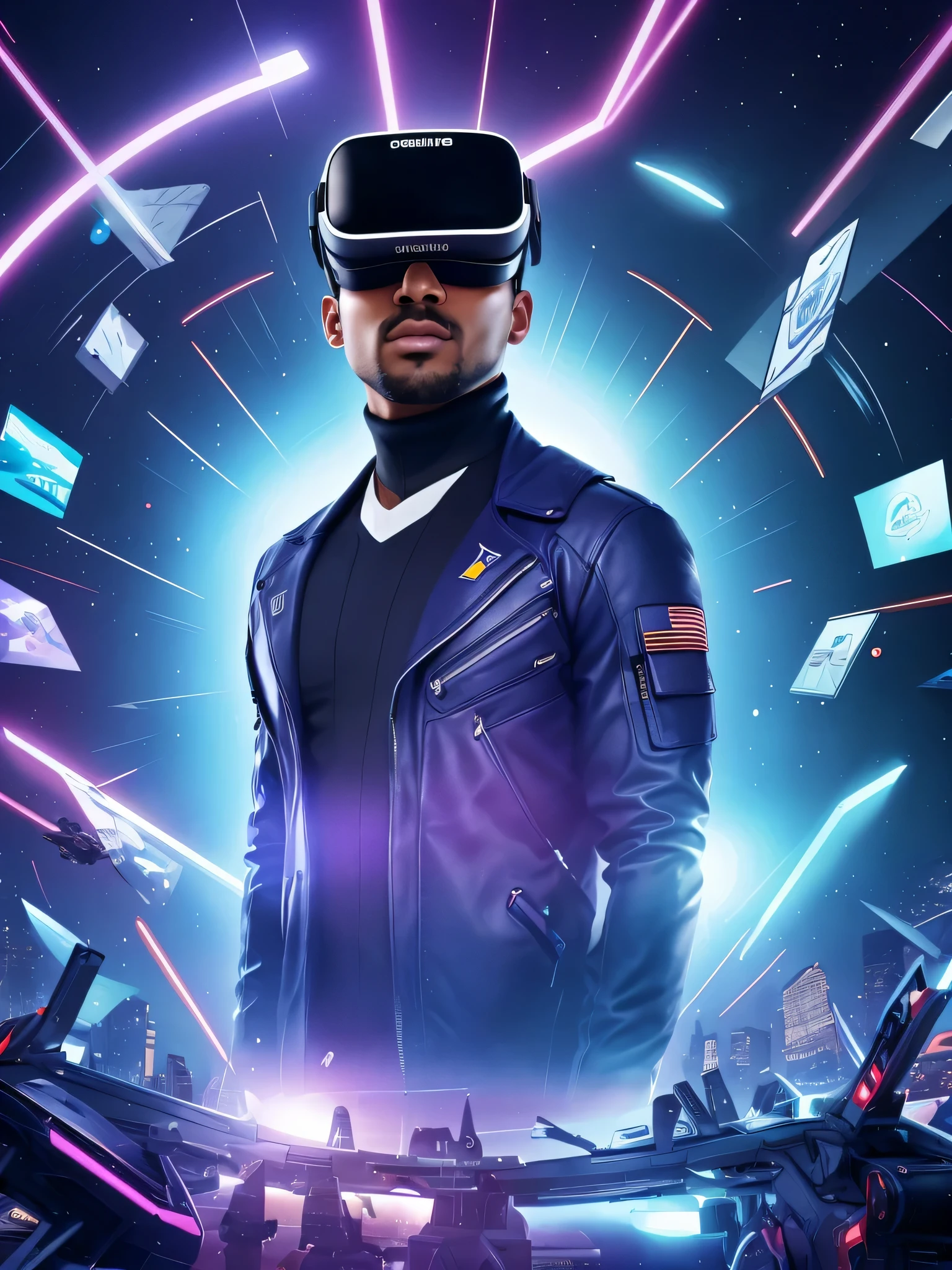 a close-up of men wearing a virtual reality headset looking upwards, digital banner, technological, commercial banner, technology, with AI theme, futuristic technology, clean background trending, modern technology, future technology, smooth technology, website banner, the image is futuristic, brilliant daylight vr os ux, violet colored theme, holographic interface,