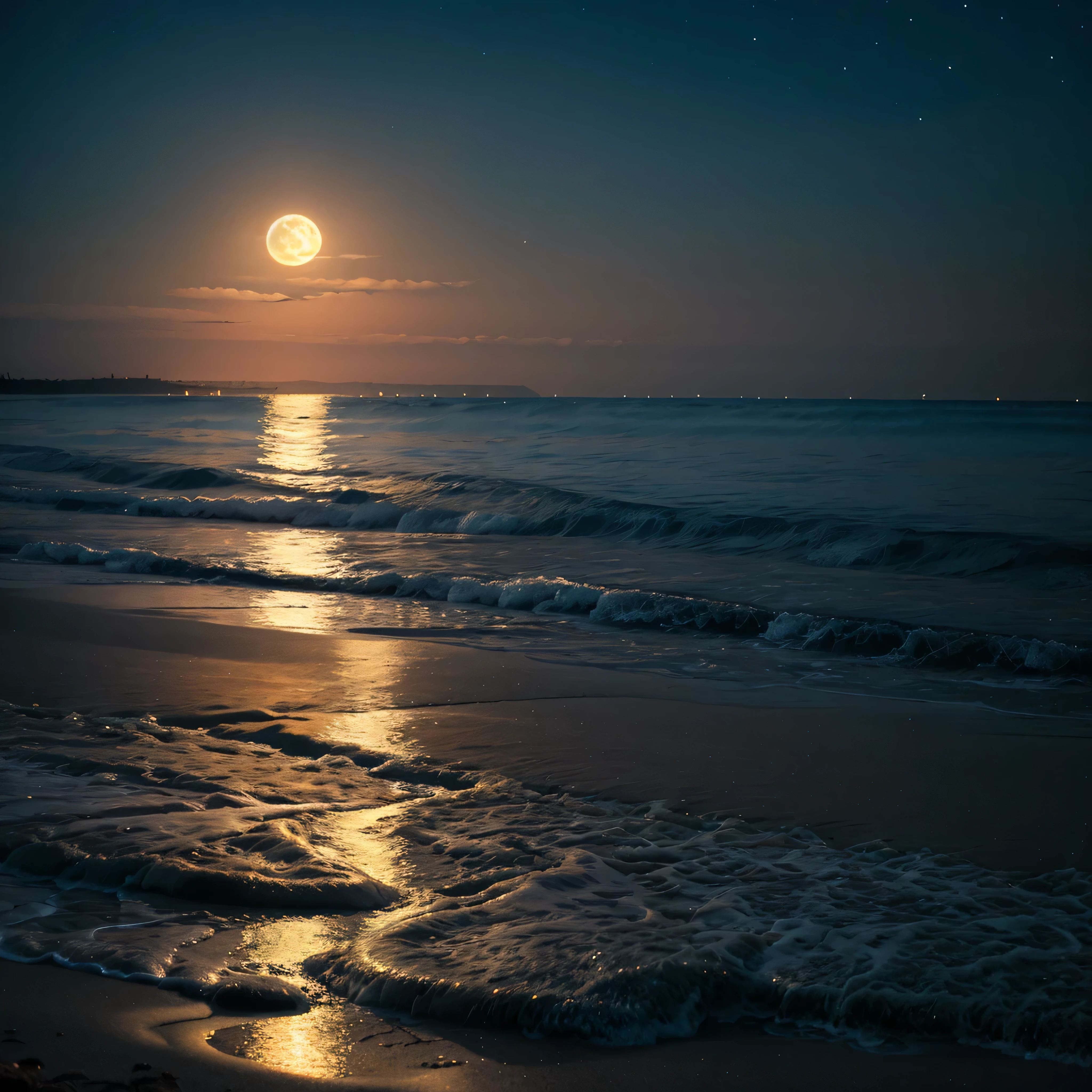beach view at night, bioluminescent algae on the water, big full moon