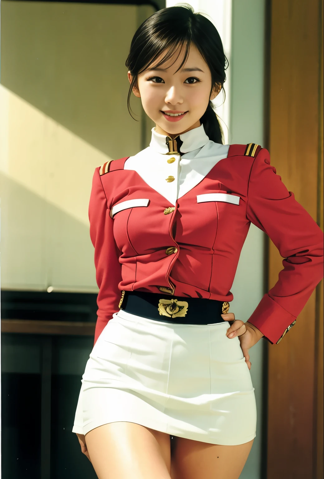 real photos、Highest image quality、beautiful woman、beautiful thighs、beautiful face、real image、federal army uniform miniskirt、ponytail、Yuriko Yoshitaka、16age日本人女性、Frau Bow、cute girl、white pantiesが丸見え、16age、(white panties:1.3)、super mini skirt、beautiful thighs、white panties、赤いミニスカートがめくれてwhite pantiesが見えてる