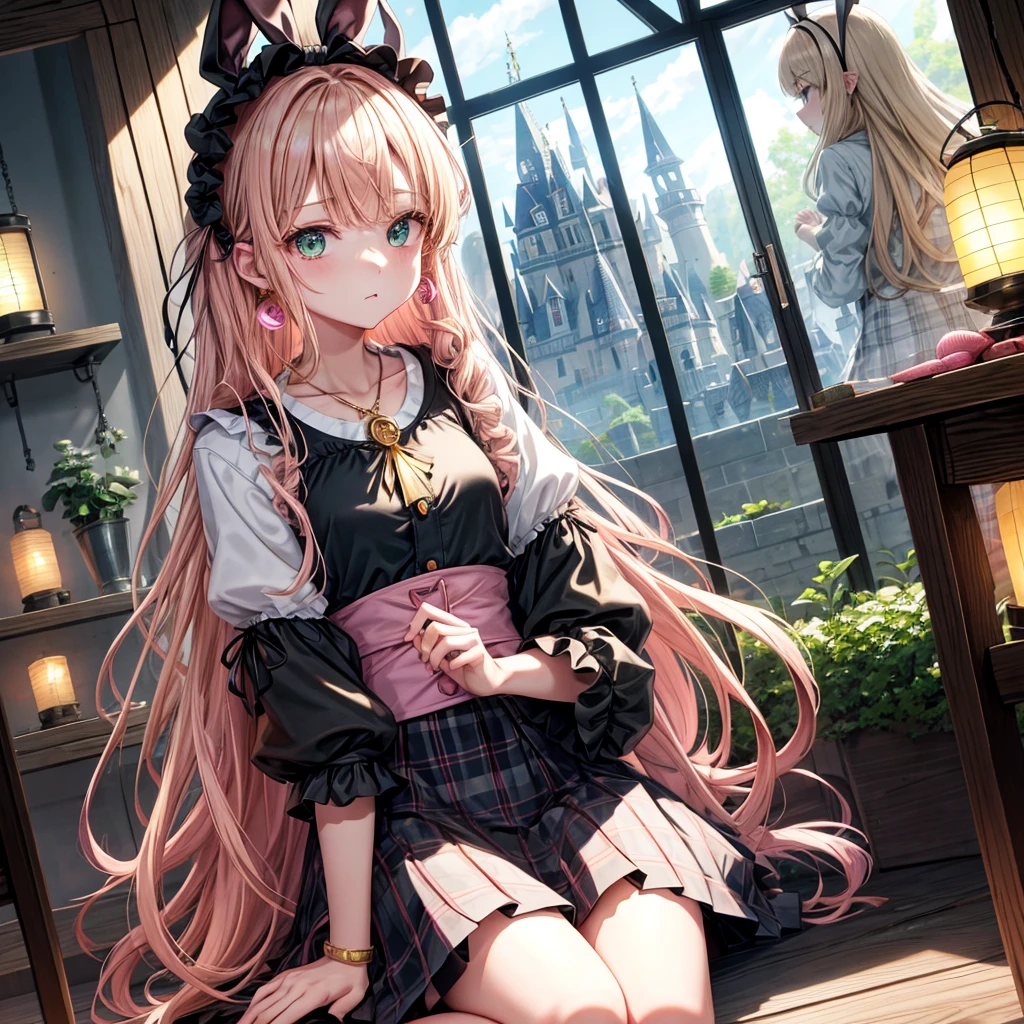 pink blonde、green eyes、one good looking girl、solo、anime、plaid mini skirt、the skirt has buttons、black camisole、black t-shirt、dress、wearing a ribbon、ribbon at waist、cloak、hood、clouds are swirling、stone slabs are piled up、one hand raised、crystal earrings、vegetable garden、monster castle、ceiling、golden key、jewelry necklace、Light and shadow、window、Hundreds of Ghosts at Night、lantern、sitting、legs crossed、mirror、Carrot