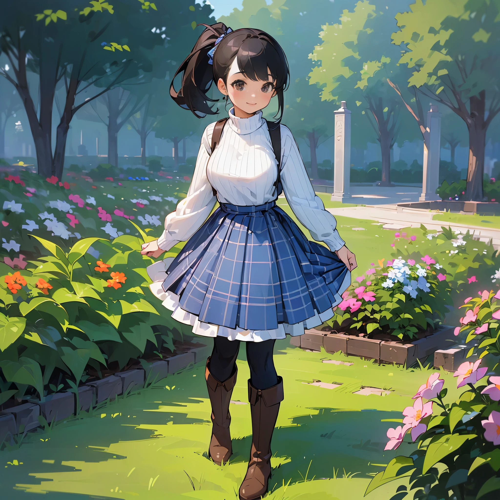 (high quality, High resolution, Super detailed, reality:1.37), peaceful atmosphere, (outdoors, garden), teenage girl standing alone, (my breasts are big.), Beautiful detail features, cute smile, (black hair ponytail), ribbed sweater, blue plaid skirt, black tights, brown boots.
