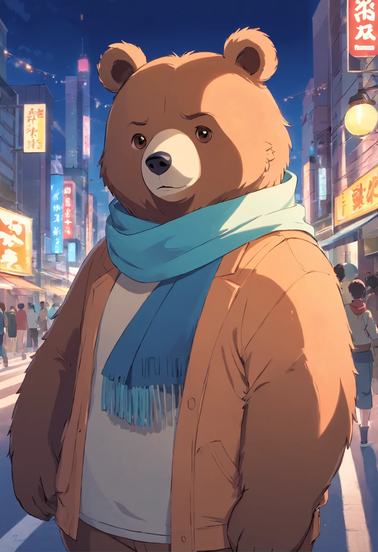 bear，big belly，bear，young，furry，anime characters，毛茸茸的bearanime characters，blue eyes，male，clothing，shirt，scarf，blush，solo