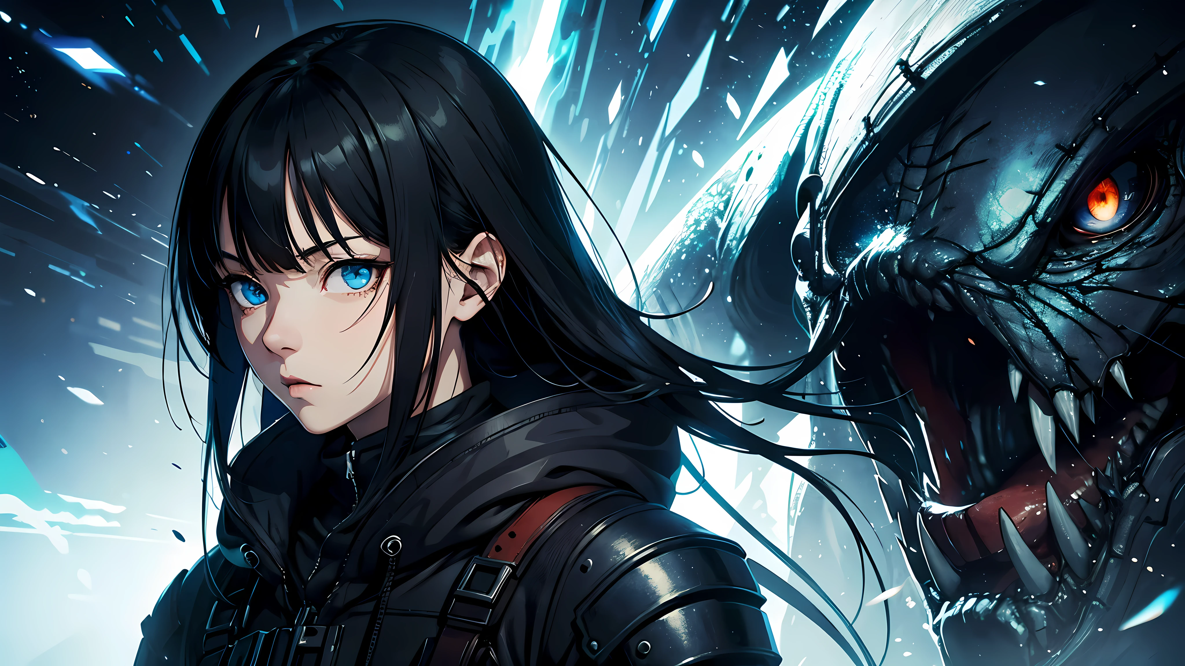 style of Tsutomu Nihei,(incredibly absurdres, (high resolution:1.18), intricate detail, (masterpiece:1.1), (highest quality:1.1), absurdres),(1girl, portrait, black hair, blue eyes, long hair, detailed eyes),