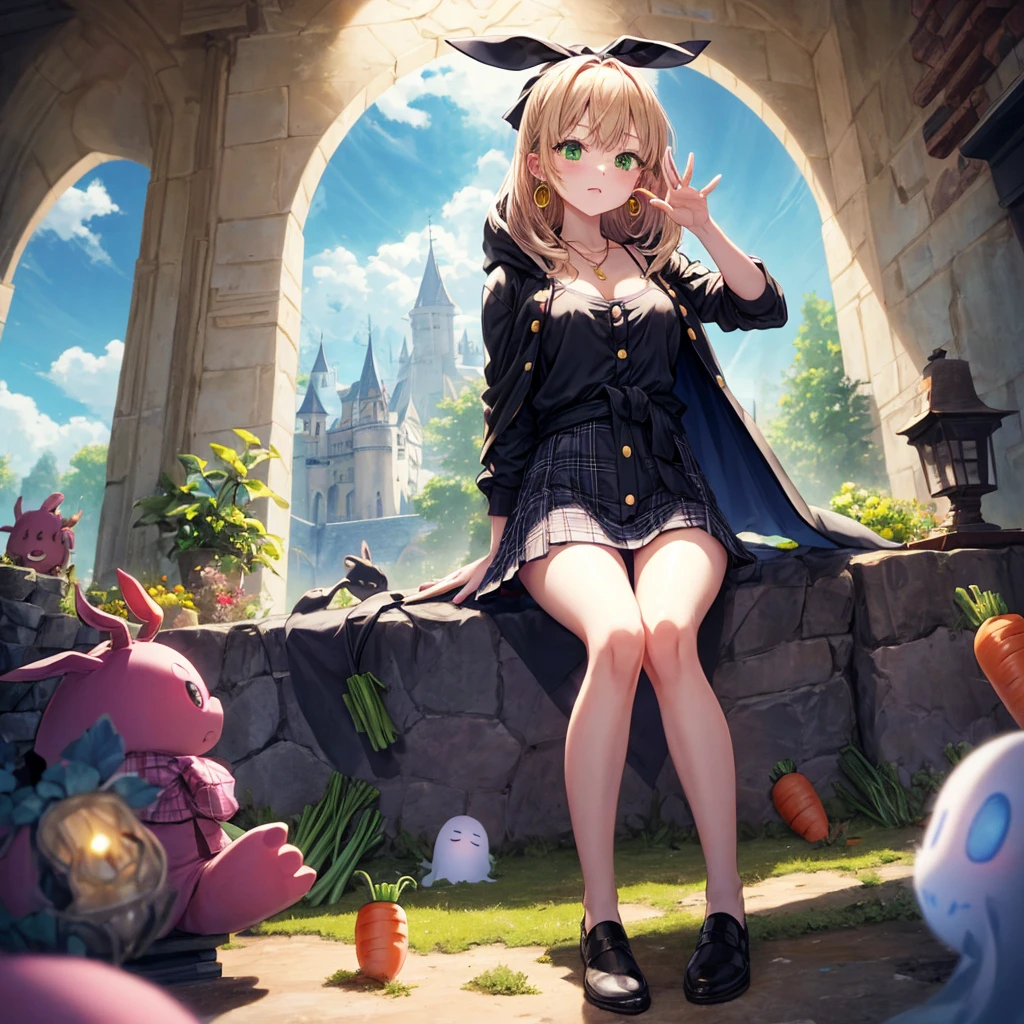 pink blonde、green eyes、one good looking girl、solo、anime、plaid mini skirt、the skirt has buttons、black camisole、black t-shirt、dress、wearing a ribbon、ribbon at waist、cloak、hood、clouds are swirling、stone slabs are piled up、one hand raised、crystal earrings、vegetable garden、monster castle、ceiling、golden key、jewelry necklace、Light and shadow、window、Hundreds of Ghosts at Night、lantern、sitting、legs crossed、mirror、Carrot、tunnel