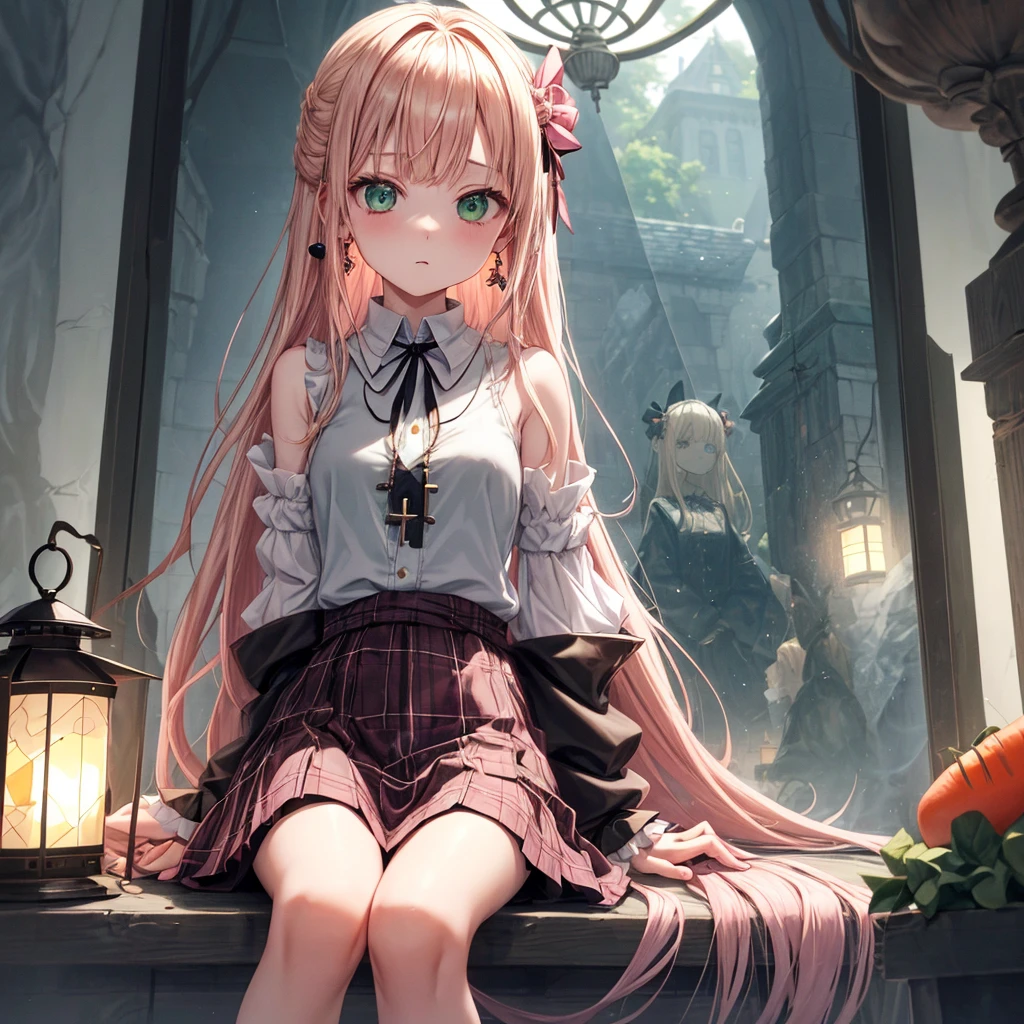 pink blonde、green eyes、one good looking girl、solo、anime、plaid mini skirt、the skirt has buttons、black camisole、black t-shirt、dress、wearing a ribbon、ribbon at waist、cloak、hood、clouds are swirling、stone slabs are piled up、one hand raised、crystal earrings、vegetable garden、monster castle、ceiling、golden key、jewelry necklace、Light and shadow、window、Hundreds of Ghosts at Night、lantern、sitting、legs crossed、mirror、Carrot、tunnel