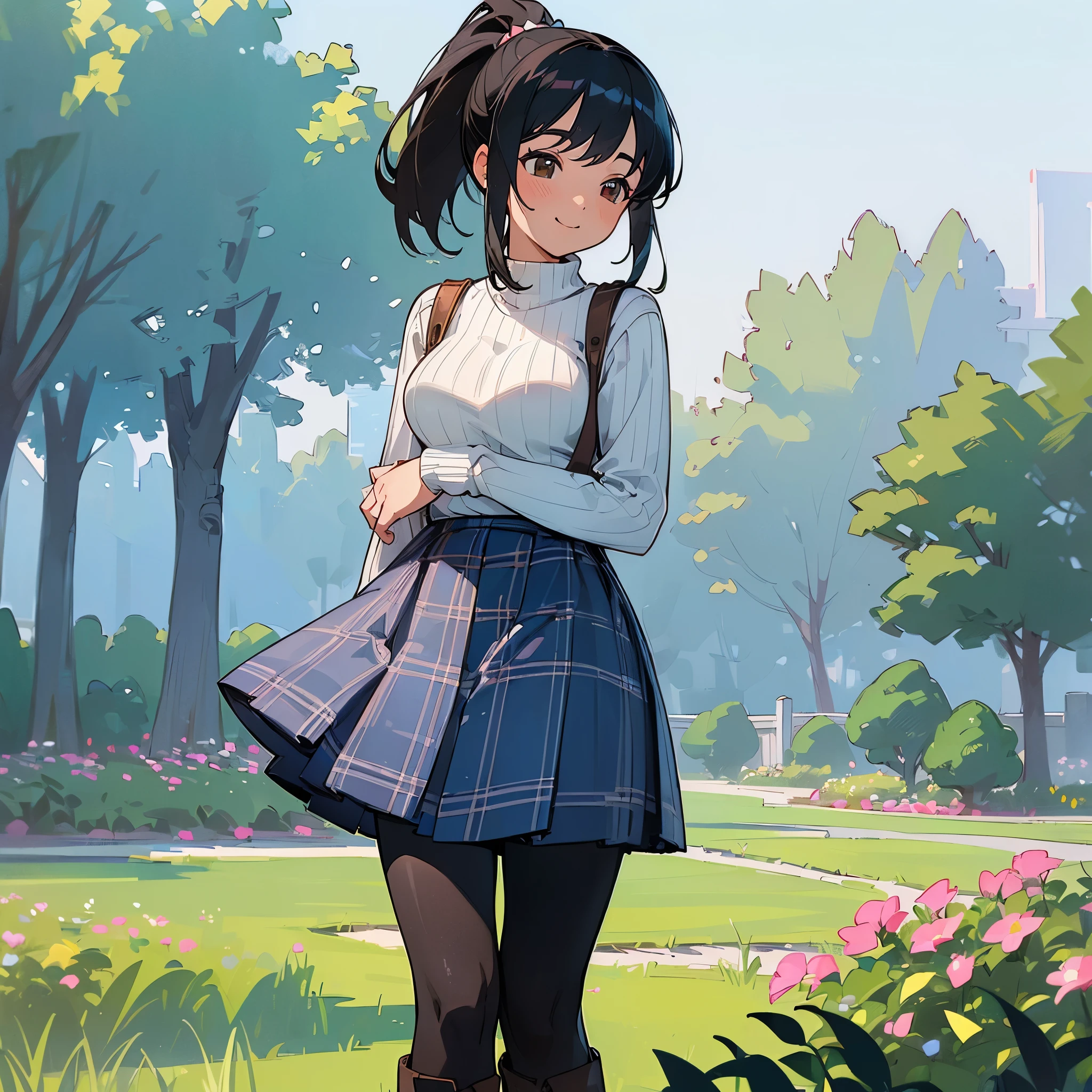 (high quality, High resolution, Super detailed, reality:1.37), peaceful atmosphere, (outdoors, garden), age girl standing alone, (my breasts are big.), Beautiful detail features, cute smile, (black hair ponytail), ribbed sweater, blue plaid skirt, black tights, brown boots.