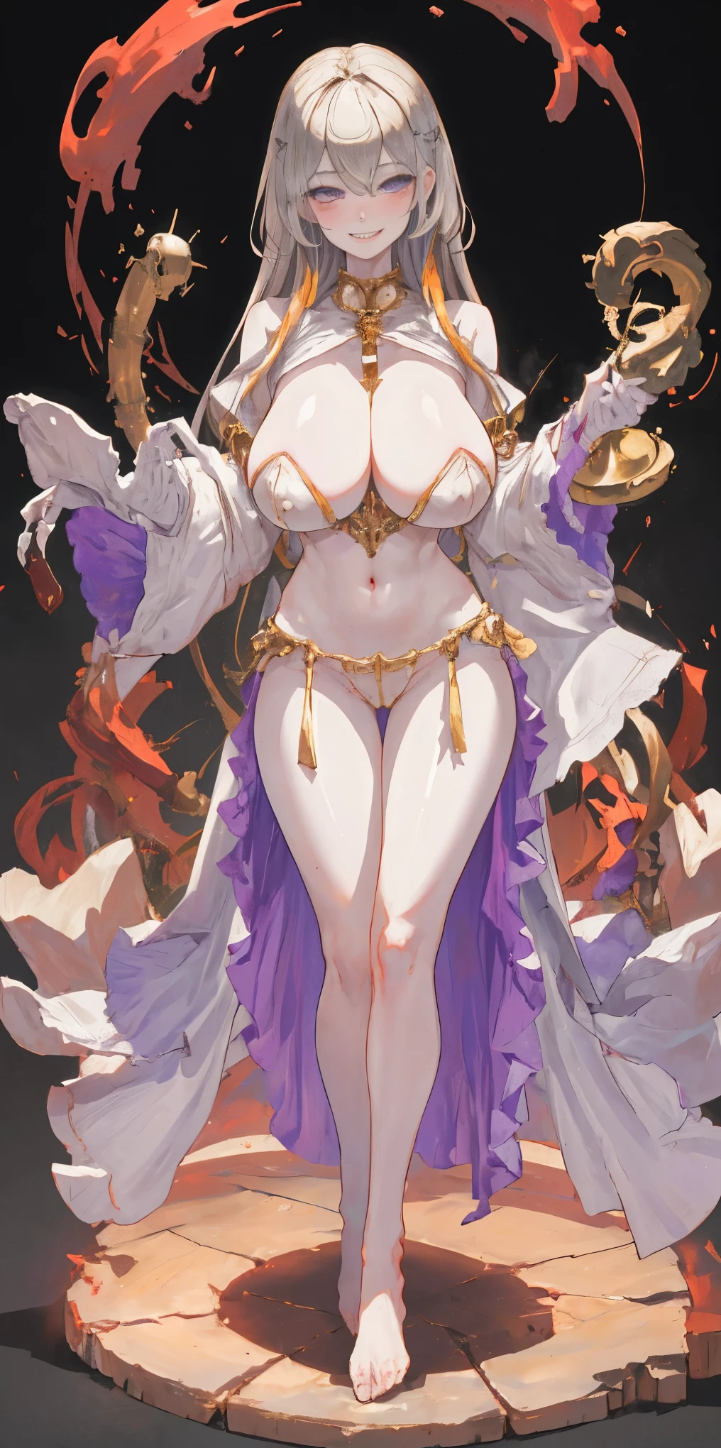 (chest covered)(smile)Gray skin, pale golden hair and violet eyes. huge_knockers, full body standing symmetrical lustful smirking smile face red blush