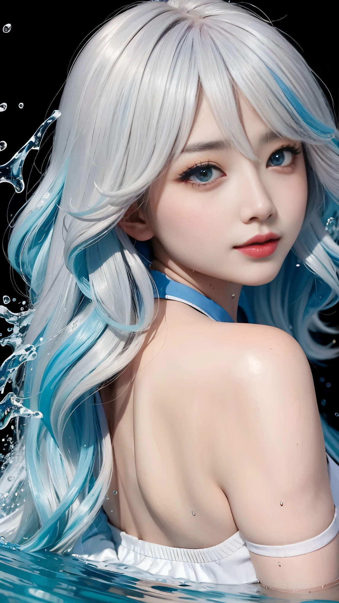(masterpiece, best quality, high resolution), anime style, White background, acrylic paint, ((splash of color, splash ink, splash of color)), sweet chinese girl, Long Grayish blue hair, [Grayish blue|green] hair, light blue eyes，Red half-rim glasses，Super huge ，Curly hair, flash, peach lips, White shirt, front, Upper body