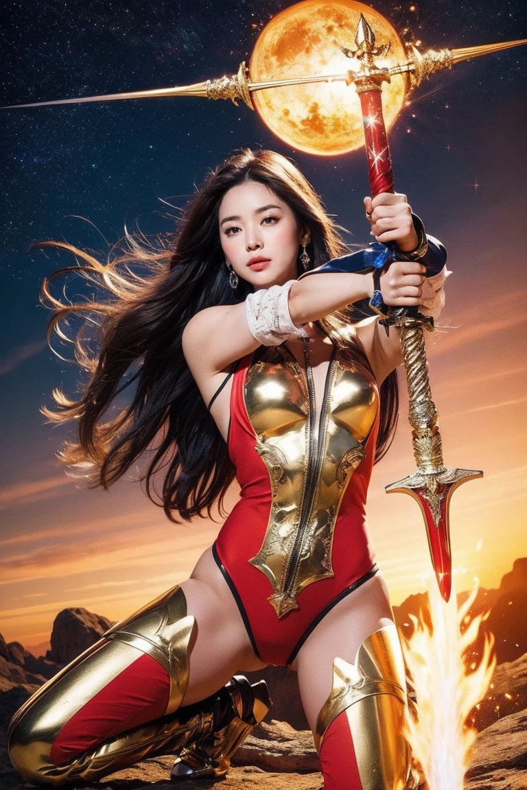 highest quality, masterpiece, realistic, High resolution, 8k RAW写真, 1 girl、long hair、goddess、has a decorated sword、Swing your sword up、((glamor body:1.3))、(Red bodysuit with flame motif、gold edge)、silver pendant、silver earrings、(((action pose)))、(planet where the sun can be seen)、(Many prominences in the sky)
