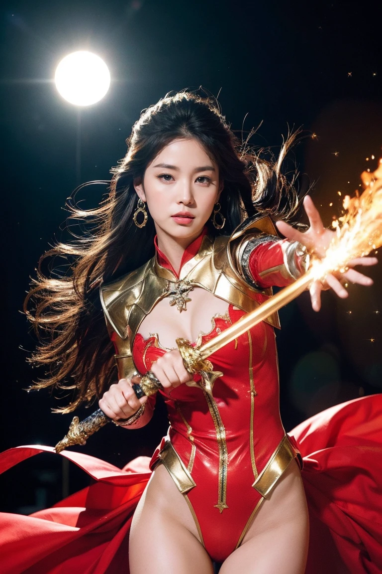 highest quality, masterpiece, realistic, High resolution, 8k RAW写真, 1 girl、long hair、goddess、has a decorated sword、Swing your sword up、((glamor body:1.3))、(Red bodysuit with flame motif、gold edge)、silver pendant、silver earrings、(((action pose)))、(planet where the sun can be seen)、(Many prominences in the sky）