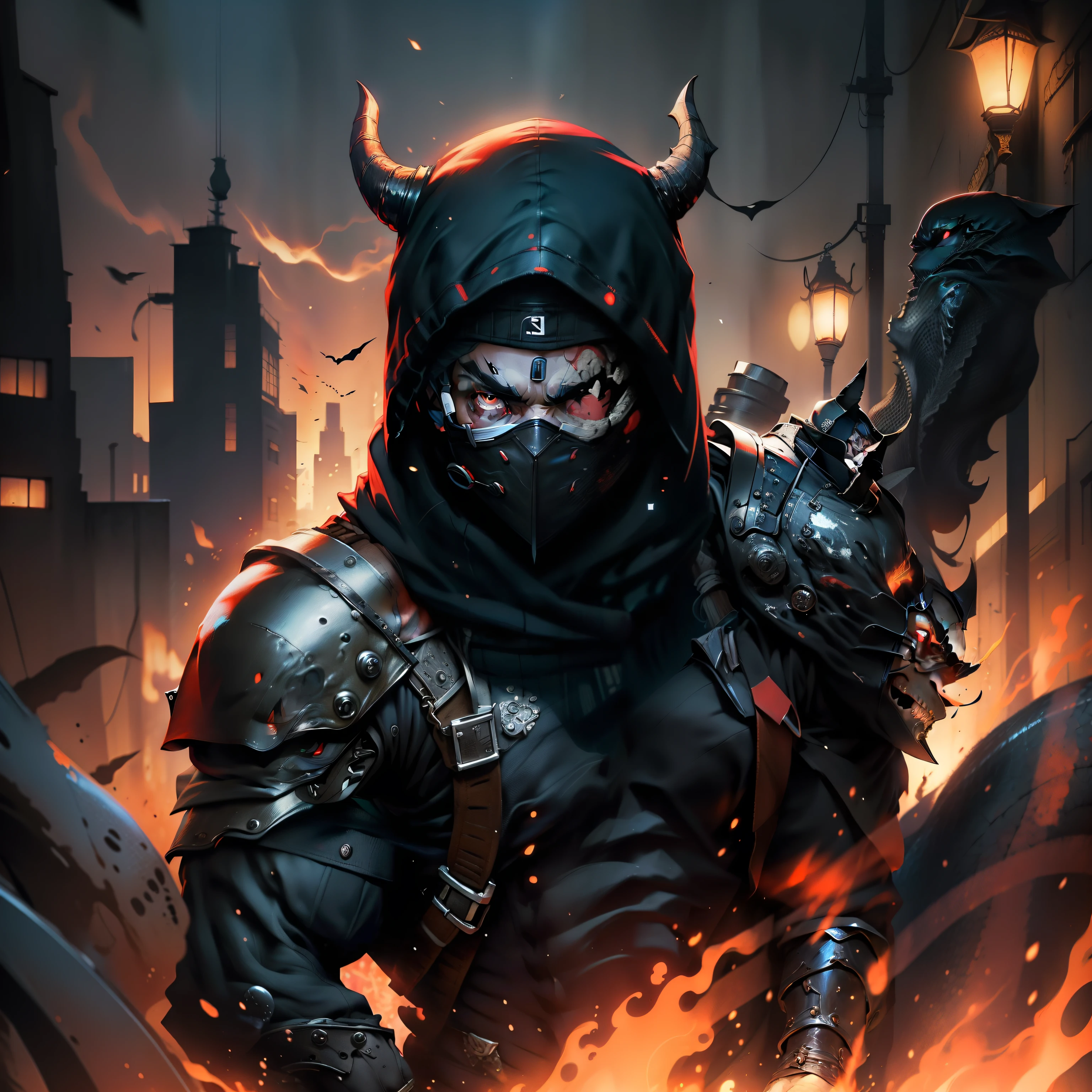 The highest quality, the perfect masterpiece, perfect art, 8K, 1male, Japanese, black hair, black hood, night, katana on the back, serious, cold, ninja mask in the mouth, red eyes, pistols at the waist, on top of a building, vigilant, trained physique, ninja style, black clothing all over the body, agile, chest and shoulder armor, Anime, no ears, demon