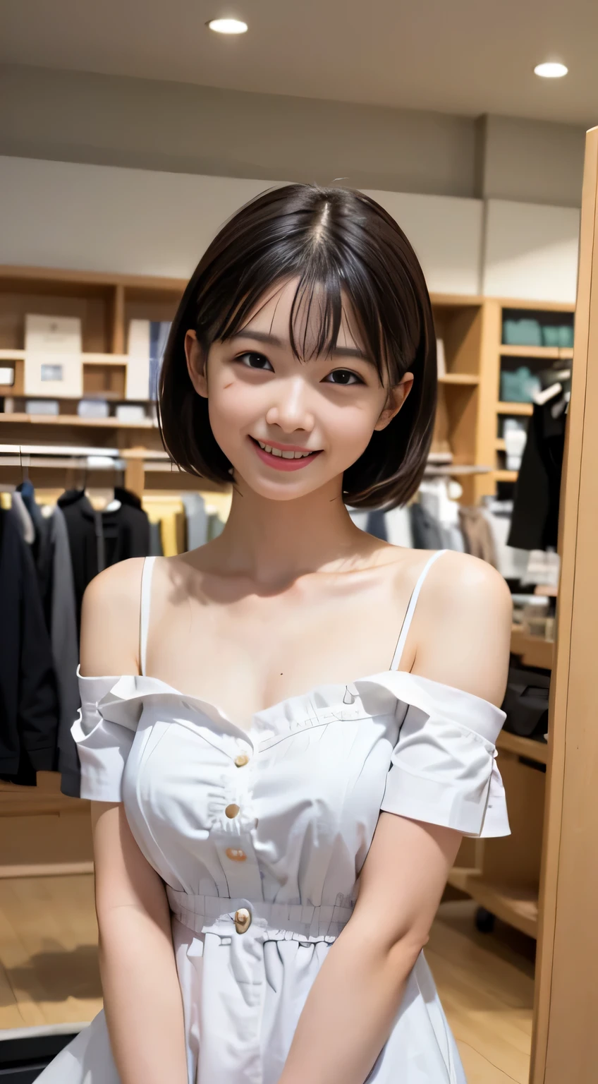 (8k,RAW photo、RAW photo、highest quality、master masterpiece:1.2)、1girl、1middle aged male、Super detailed、super resolution、(Photoreal:1.3)、((shot from below)),((cowboy shot:1.4))、Clearly depicts the shadows of light、High resolution RAW color photos、professional photos、(((Inside the store:1.4)))、I draw it faithfully to the anatomy..、very detailed and beautiful、super high quality、((とてもショートカットの髪のgirl:1.4))、((貴金属Inside the storeのショーケースの前に立っているgirl:1.4))、((White collar short sleeve off shoulder mini dress(no strap):1.4))、((White short sleeve off shoulder cotton mini dress:1.4))、Upper body、((ポシェットを肩に掛けているgirl:1.4))、((smile:1.4))、