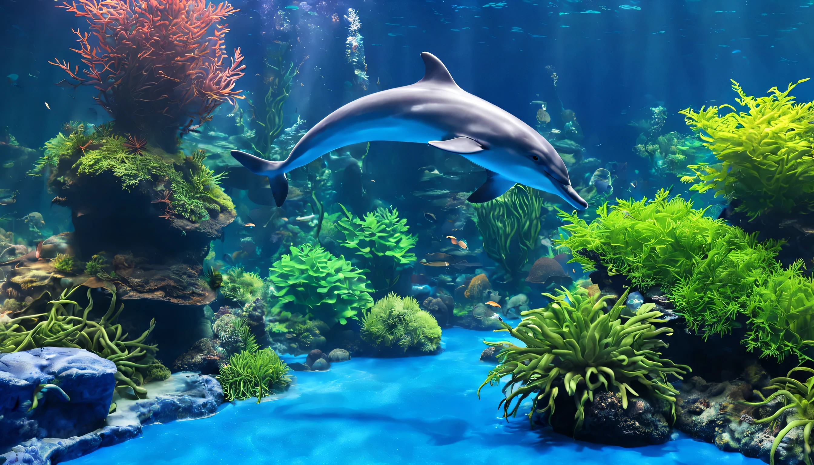 a dolphin is in a big aquarium, with lots of beautiful sea plants