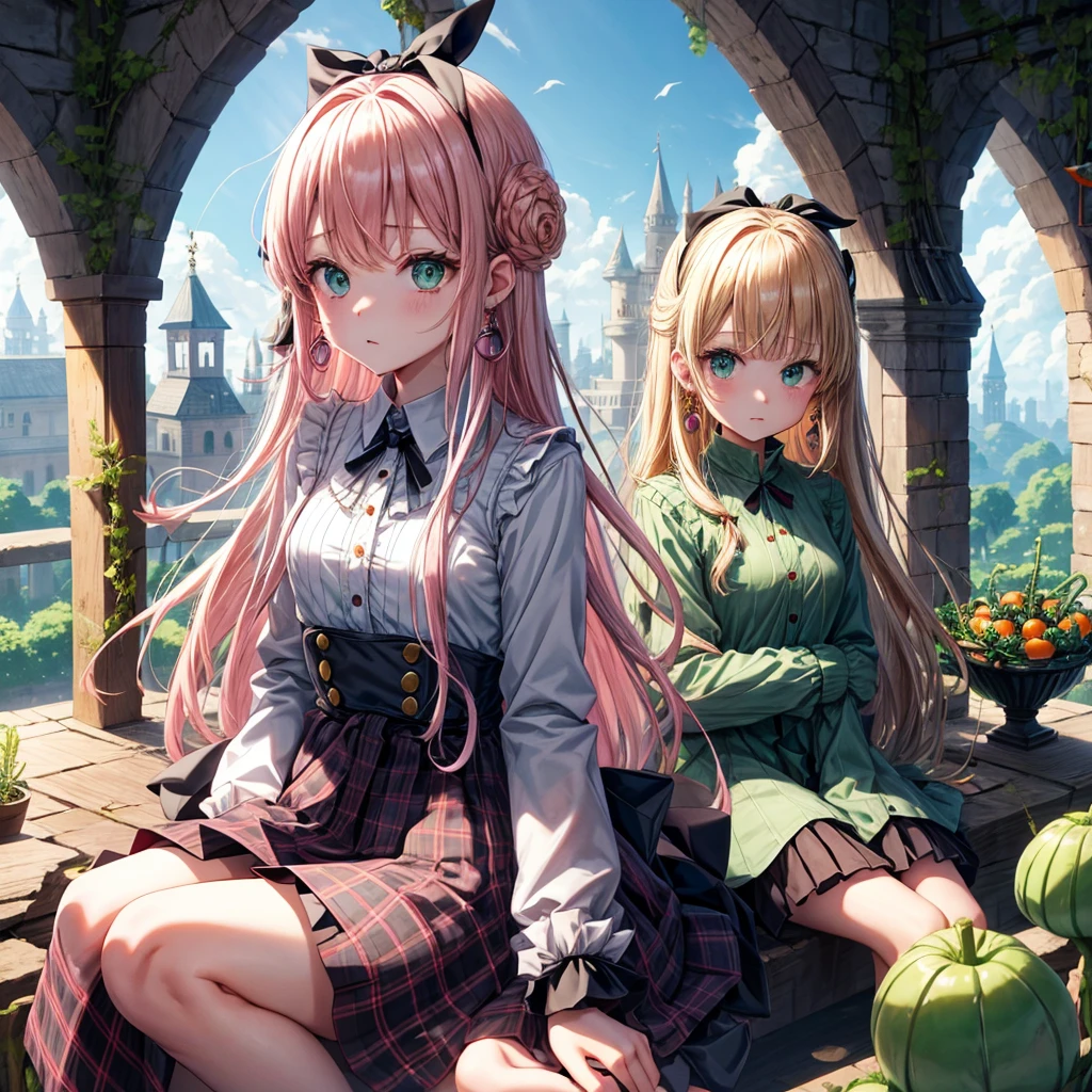pink blonde、green eyes、one good looking girl、solo、anime、plaid mini skirt、the skirt has buttons、black camisole、black t-shirt、dress、wearing a ribbon、ribbon at waist、cloak、hood、clouds are swirling、stone slabs are piled up、one hand raised、crystal earrings、vegetable garden、monster castle、ceiling、golden key、jewelry necklace、Light and shadow、window、Hundreds of Ghosts at Night、lantern、sitting、legs crossed、mirror、Carrot、asparagus、tomato、tunnel