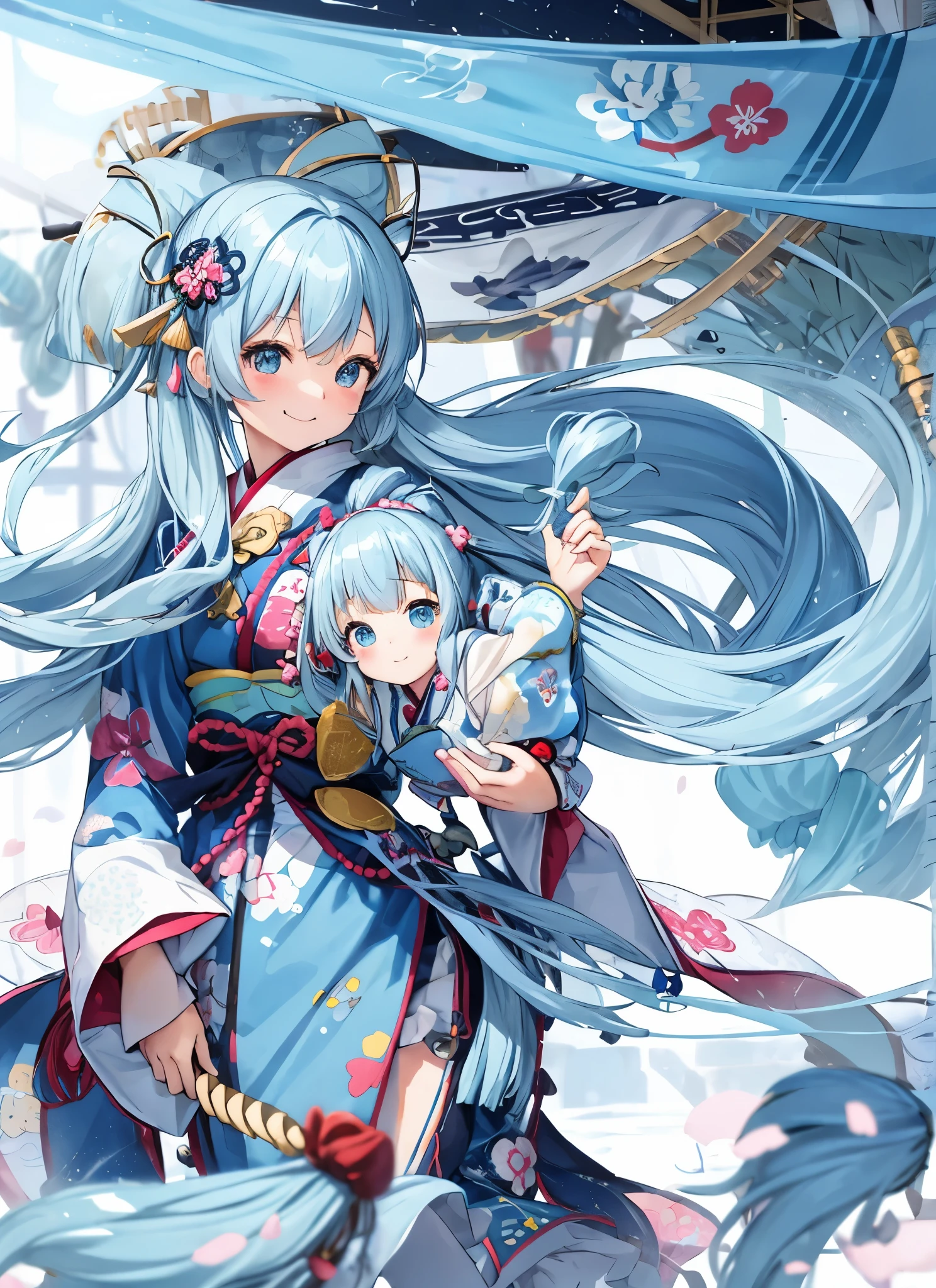 light blue long hair、girl with twin tails　doll&#39;festival　雛doll段飾り　kimono　cute smile