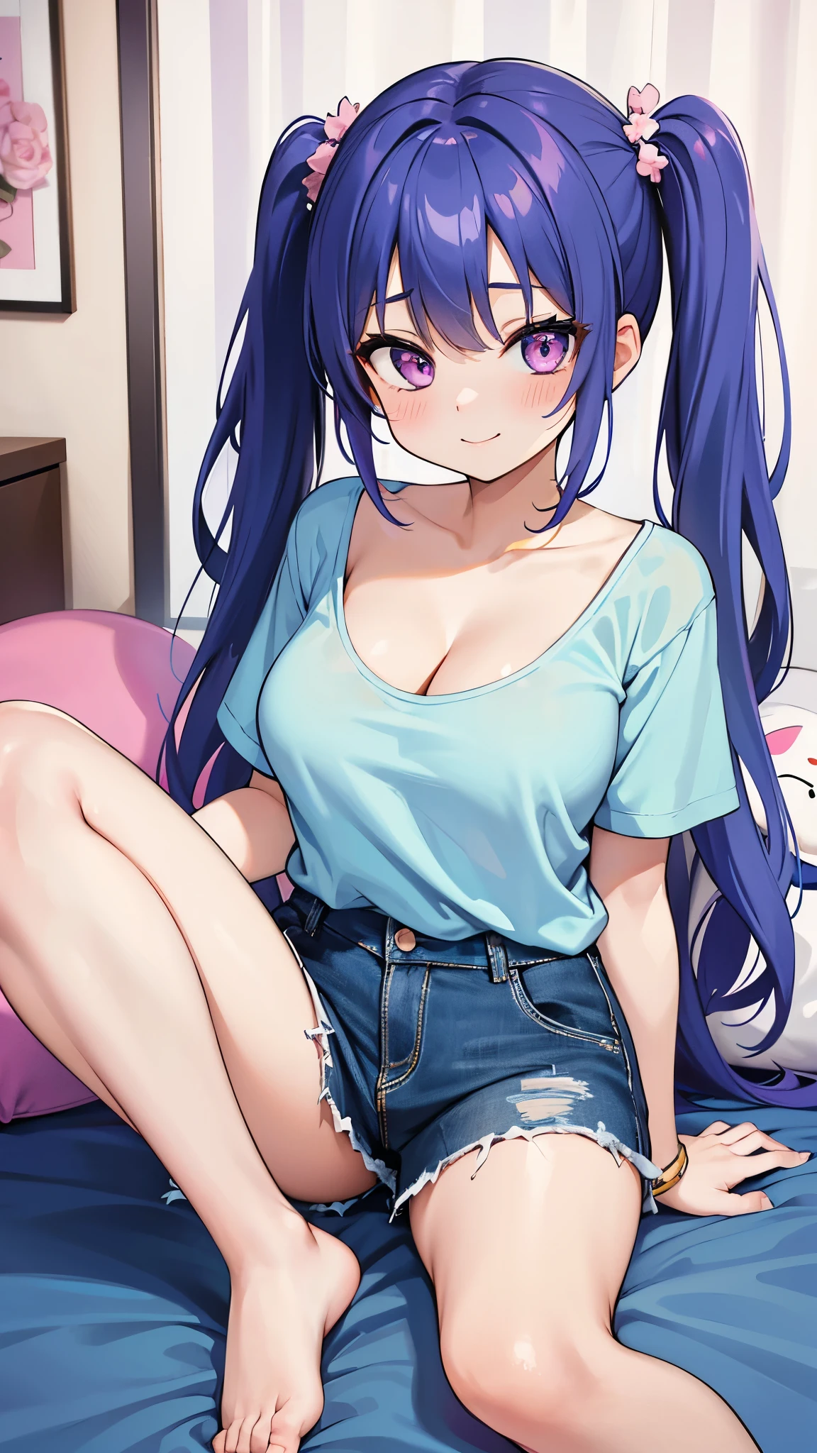 (masterpiece, highest quality:1.2), alone, One girl, ogawa sumireko, ((Brown eyes,Beautiful eyes)), Put your hair up,(skinny clothed),((Short tank top,Detailed sweater, Jeans pants)),Bra visible under clothes, Thick body,Long sleeve,bedroom,Dimly lit room,(Crush the chest:1.4),(Breasts pressed together:1.1), v Arms,Embarrassing,smile, blush, CSR Style Texture,  (huge breast),full bust,(Narrow waist:1.6),(Thin belly),(slender),((Clothed Big Tits)),((Skinny Body)),(Thin limbs),Slender body,breath,sweat,smirk,nose blush, heart-shaped pupils,Embarrassing,Troubled face,from above,large ass,(cleavage01.3), (looking away:1.4),(from above)