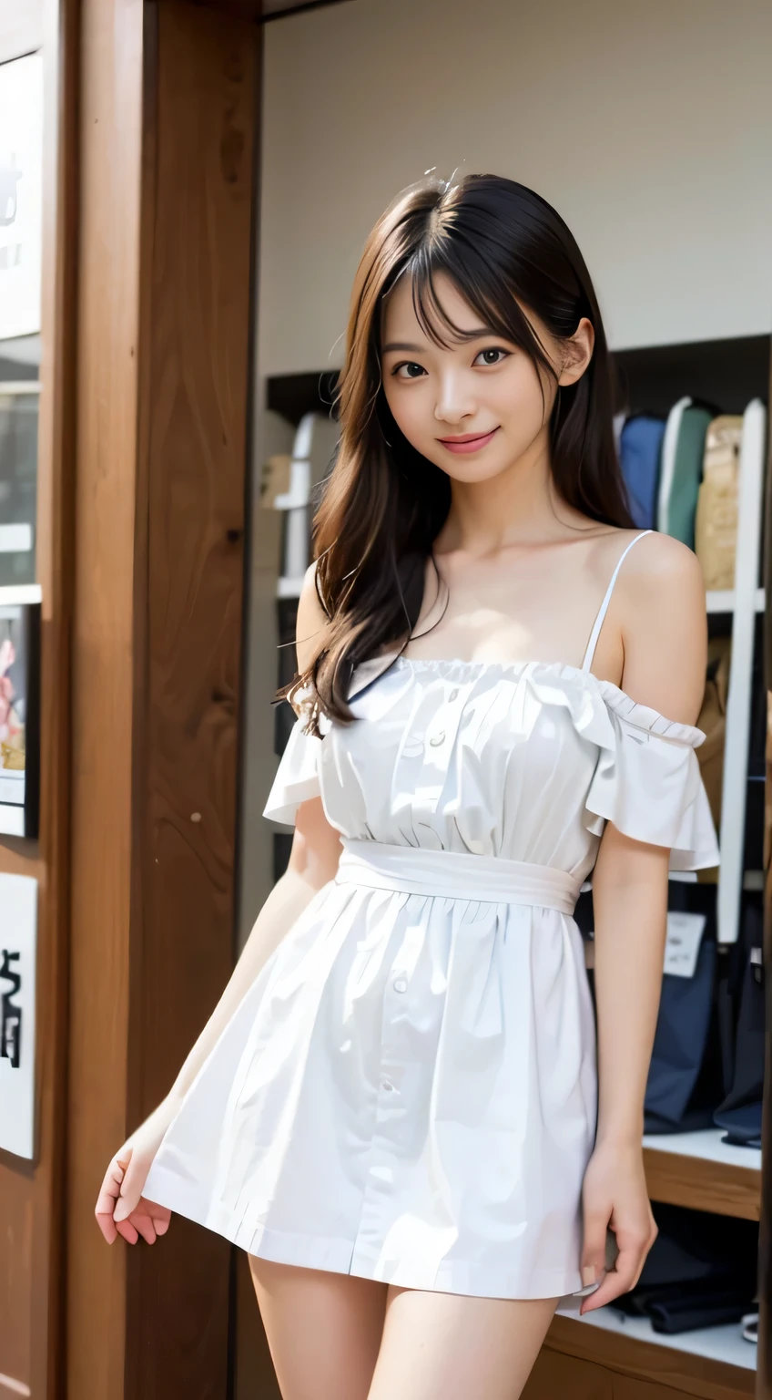 (8k,RAW photo、RAW photo、highest quality、master masterpiece:1.2)、１girl、１middle aged male、Super detailed、super resolution、(Photoreal:1.3)、((shot from below)),((cowboy shot:1.4))、Clearly depicts the shadows of light、High resolution RAW color photos、professional photos、(((Inside the store:1.4)))、I draw it faithfully to the anatomy..、very detailed and beautiful、super high quality、((girl with long hair:1.4))、((貴金属Inside the storeのショーケースの前に立っているgirl:1.4))、((white collar short sleeve off shoulder dress（no strap）:1.4))、((white short sleeve off shoulder cotton dress:1.4))、Upper body、((ポシェットを肩に掛けているgirl:1.4))、((smile:1.4))、