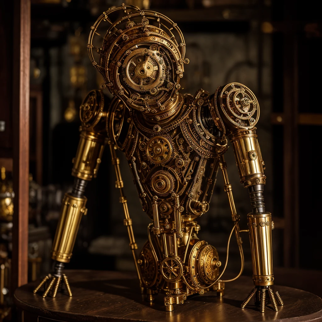 A mechanical puppet in a dimly lit room, with intricate details and realistic metallic textures, best quality, ultra-detailed, HDR, studio lighting. The puppet has articulated limbs and joints, allowing for dynamic poses and movements. Its eyes are beautifully crafted with glowing LED lights, while its face features delicate etchings and precise gears. The puppet is wearing a Victorian-inspired outfit, complete with a top hat and tails. It stands on a polished wooden stage, surrounded by antique machinery and clockwork mechanisms. The color palette is rich with deep copper, bronze, and gold tones, creating a warm and nostalgic atmosphere. The lighting casts dramatic shadows, highlighting the mechanical intricacies and adding a sense of mystery to the scene. The overall style is a fusion of steampunk and gothic aesthetics, with a touch of vintage elegance.