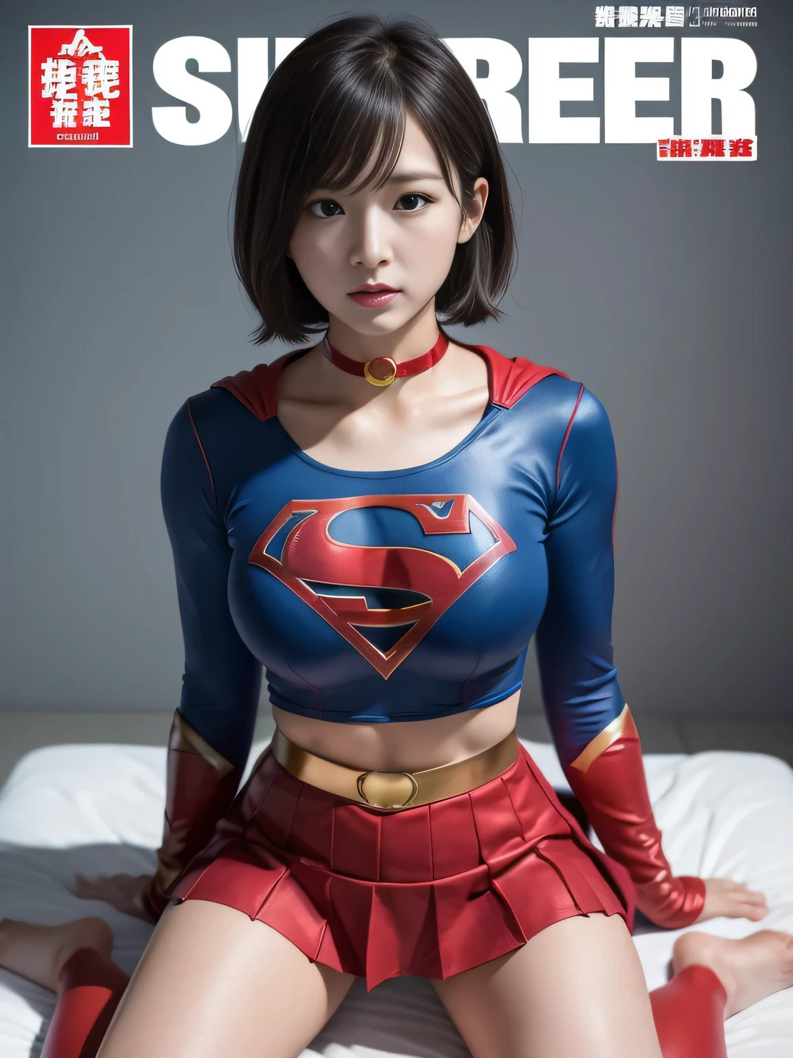 masterpiece、supergirl costume、short hair、barefoot, big and full breasts、test subject、operating room、operating table、straddle、sweating、shiny、look at the camera、sense of abuse、Estrus、choker、Weekly magazine cover、long sleeve、red mini skirt、obscene pose、Seduce、humiliating、hindrance、