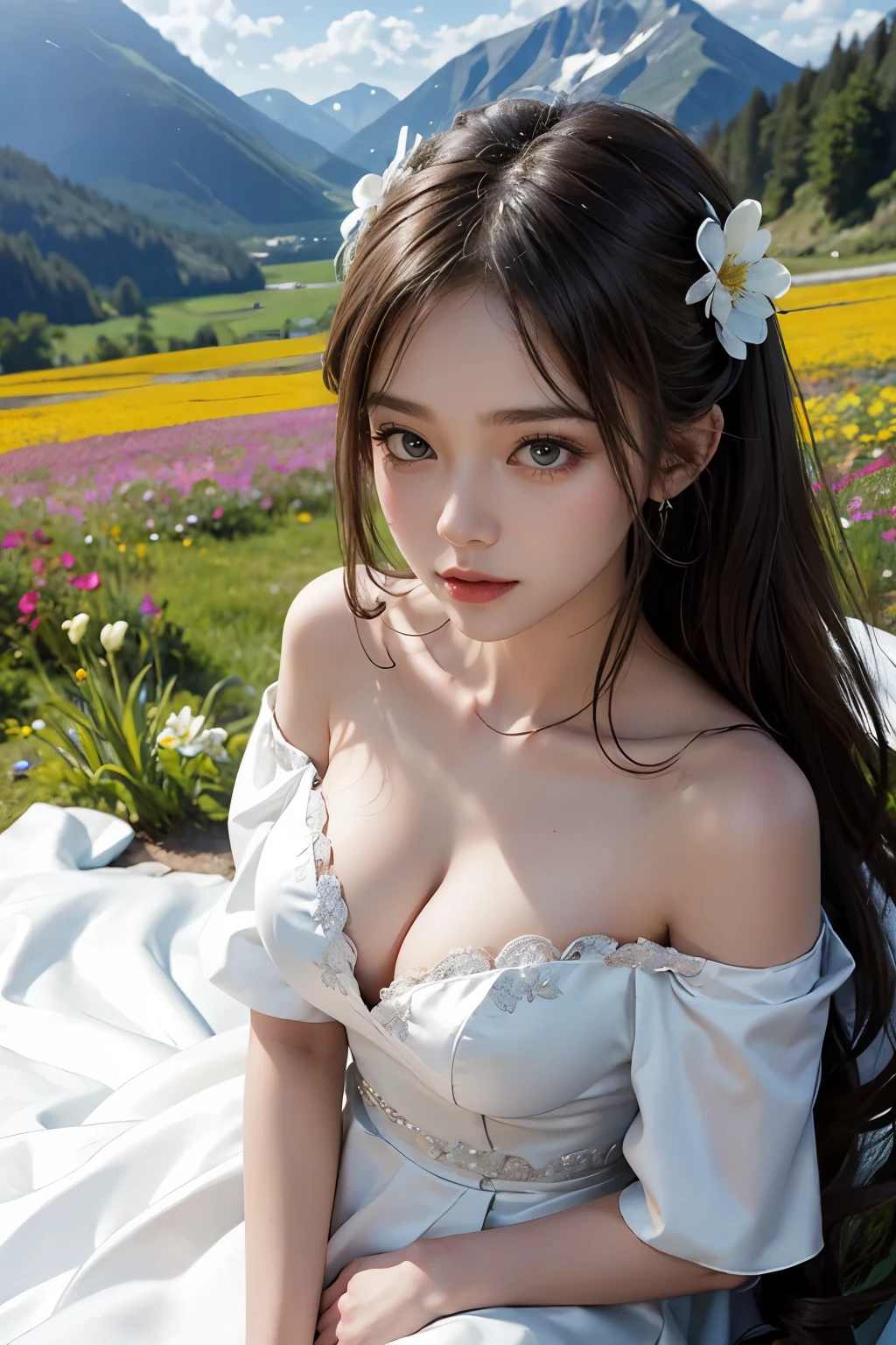 (2 girl), sitting, ideal tits, off shoulder deep v bride dress, romantic, pre-wedding photoshoot, flower field mountain background, close-up