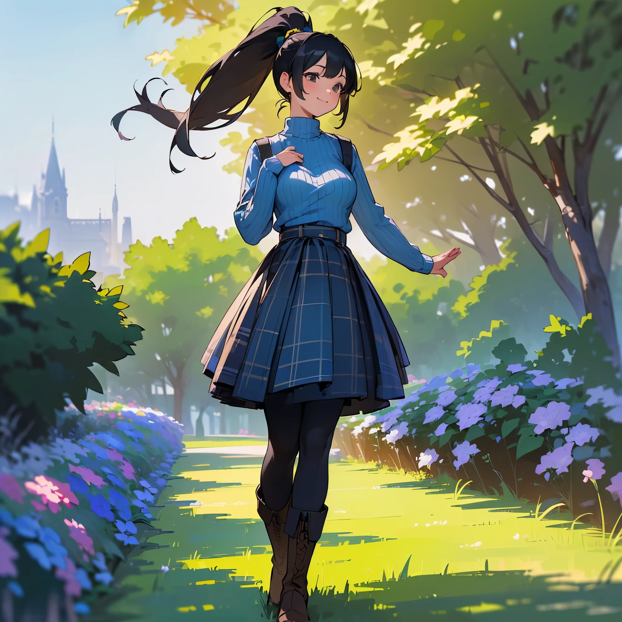 Anime girl in a blue dress walking in a park - SeaArt AI