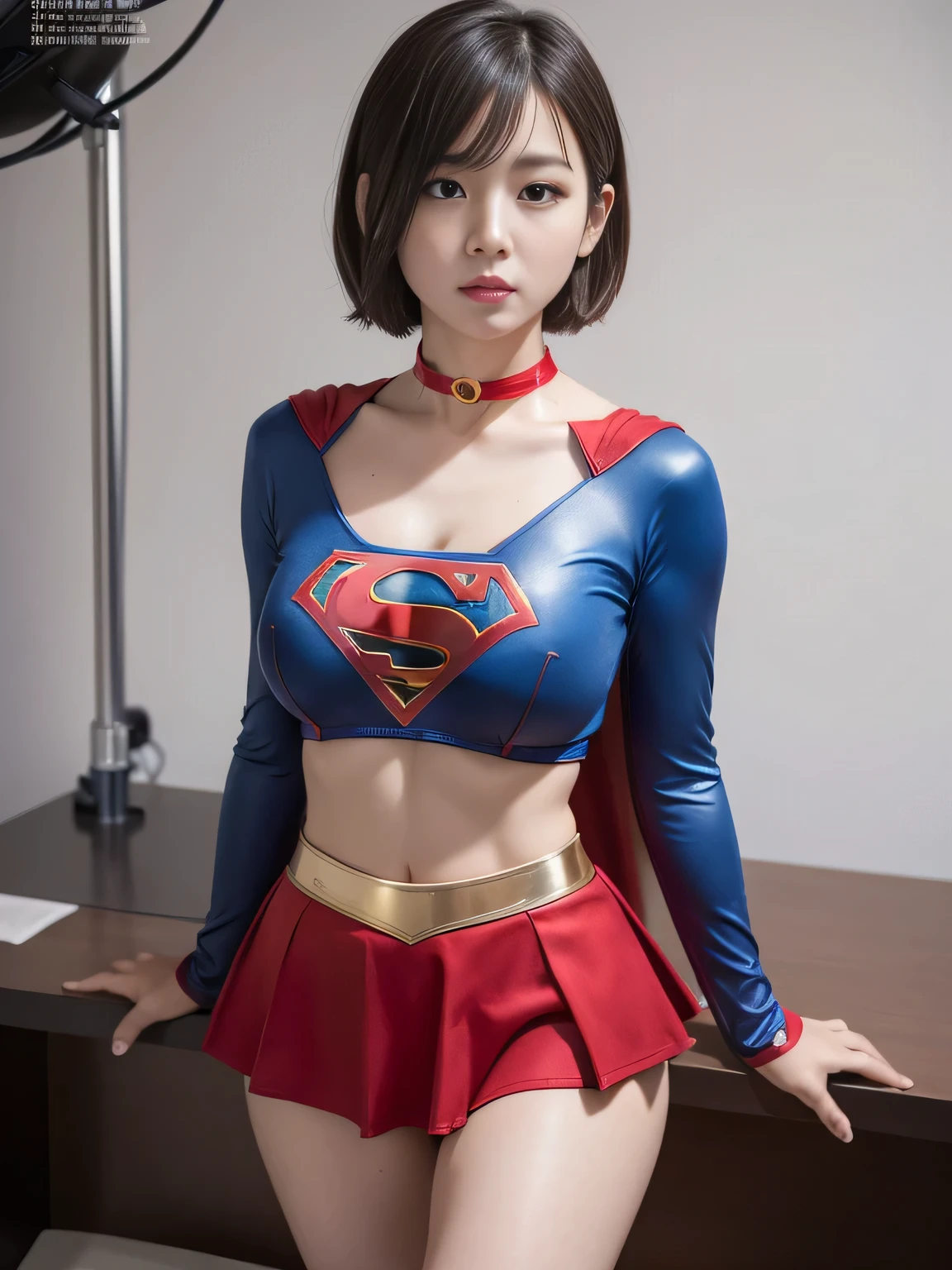 masterpiece、supergirl costume、short hair、barefoot、big and full breasts、test subject、operating room、operating table、Crisis situation、straddle、flowing sweat、shiny、look at the camera、sense of abuse、Estrus、choker、Weekly magazine cover、long sleeve、red mini skirt、obscene pose、Seduce、humiliating、hindrance、