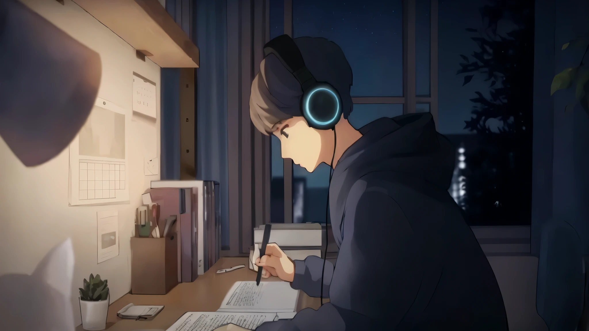 Anime character sitting at a desk、writing in front of the computer with headphones on, Still from the anime, anime movie screenshots, Still from the TV anime, in anime, Anime keyframes, anime movie yet, makoto shinkai style, in an animated movie, Today&#39;s featured anime is still, stylized anime, digital anime illustration, Anime scenes