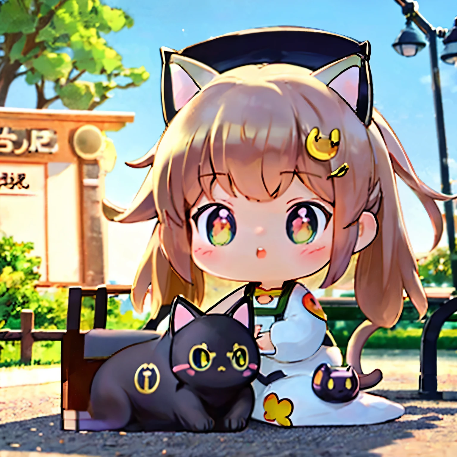 Long shot, anime girl sitting on bench, yawning, close one eye, season is summer, realistic anime cat, realistic anime art style, cute realistic portrait, beautiful anime cat girl, realistic anime art style, anime realism style, anime cat girl, very beautiful anime cat girl, realistic anime 3D style, Very Beautiful Cute Cat Girl, Cute Anime Cat Girl, Anime Style