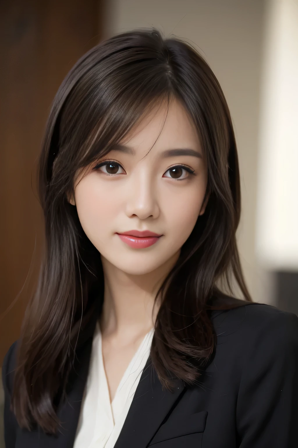 table top、highest quality、genuine、Super detailed、finely、High resolution、8k wallpaper、one beautiful woman、、、light brown disheveled hair、wearing a business suit、sharp focus、perfect dynamic composition、beautiful and detailed eyes、thin hair、詳細なgenuineな肌の質感、smile、close-up portrait、model body shape