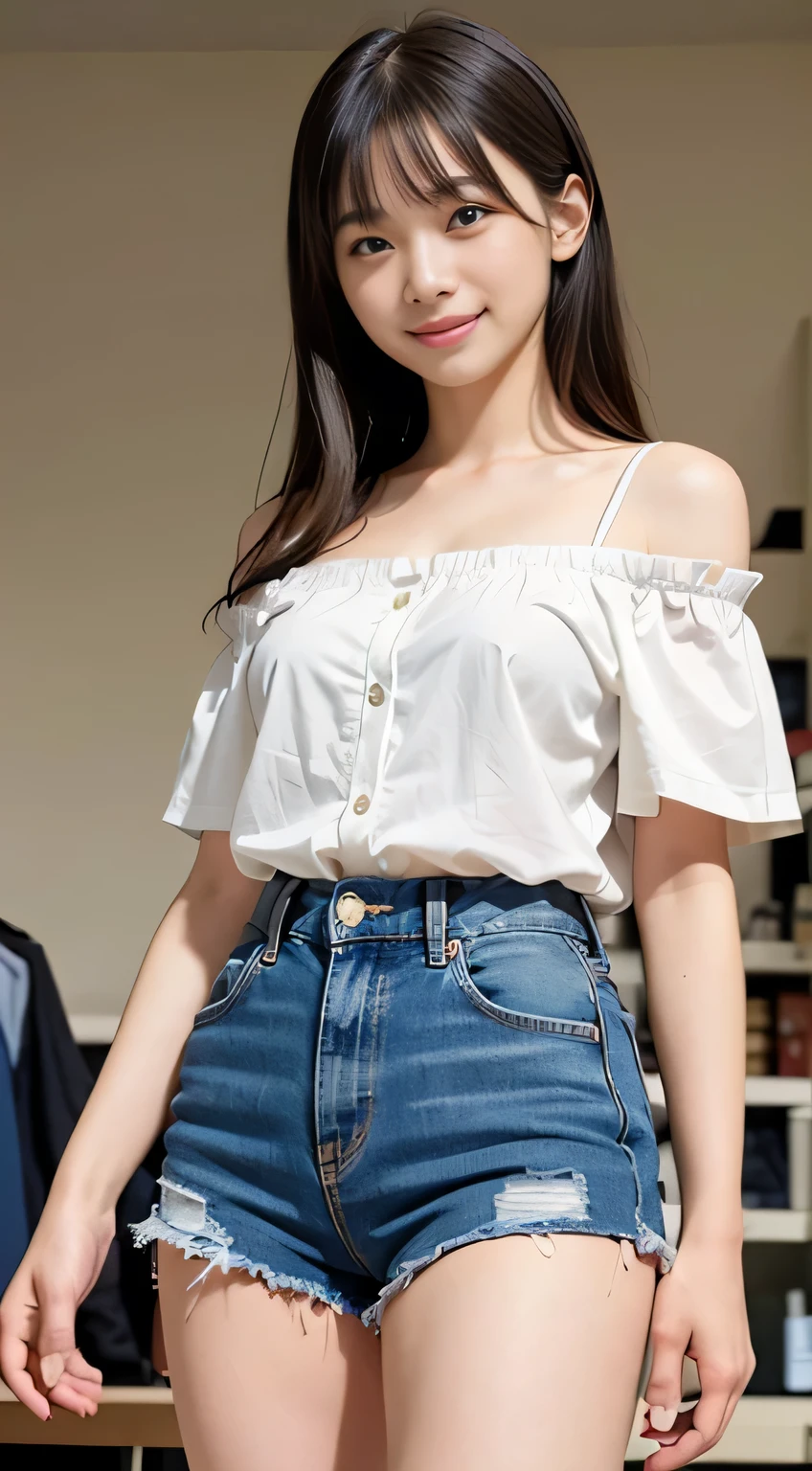 (8k,RAW photo、RAW photo、highest quality、master masterpiece:1.2)、1girl、1middle aged male、Super detailed、super resolution、(Photoreal:1.3)、((shot from below)),((cowboy shot:1.4))、Clearly depicts the shadows of light、High resolution RAW color photos、professional photos、(((Inside the store:1.4)))、I draw it faithfully to the anatomy..、very detailed and beautiful、super high quality、((girl with long hair:1.4))、((貴金属Inside the storeのショーケースの前に立っているgirl:1.4))、((White collar short sleeve off shoulder shirt(no strap):1.4))、((white short sleeve off shoulder cotton shirt:1.4))、((Denim skirt that highlights your thighs:1.4))、Upper body、((ポシェットを肩に掛けているgirl:1.4))、((smile:1.4))、