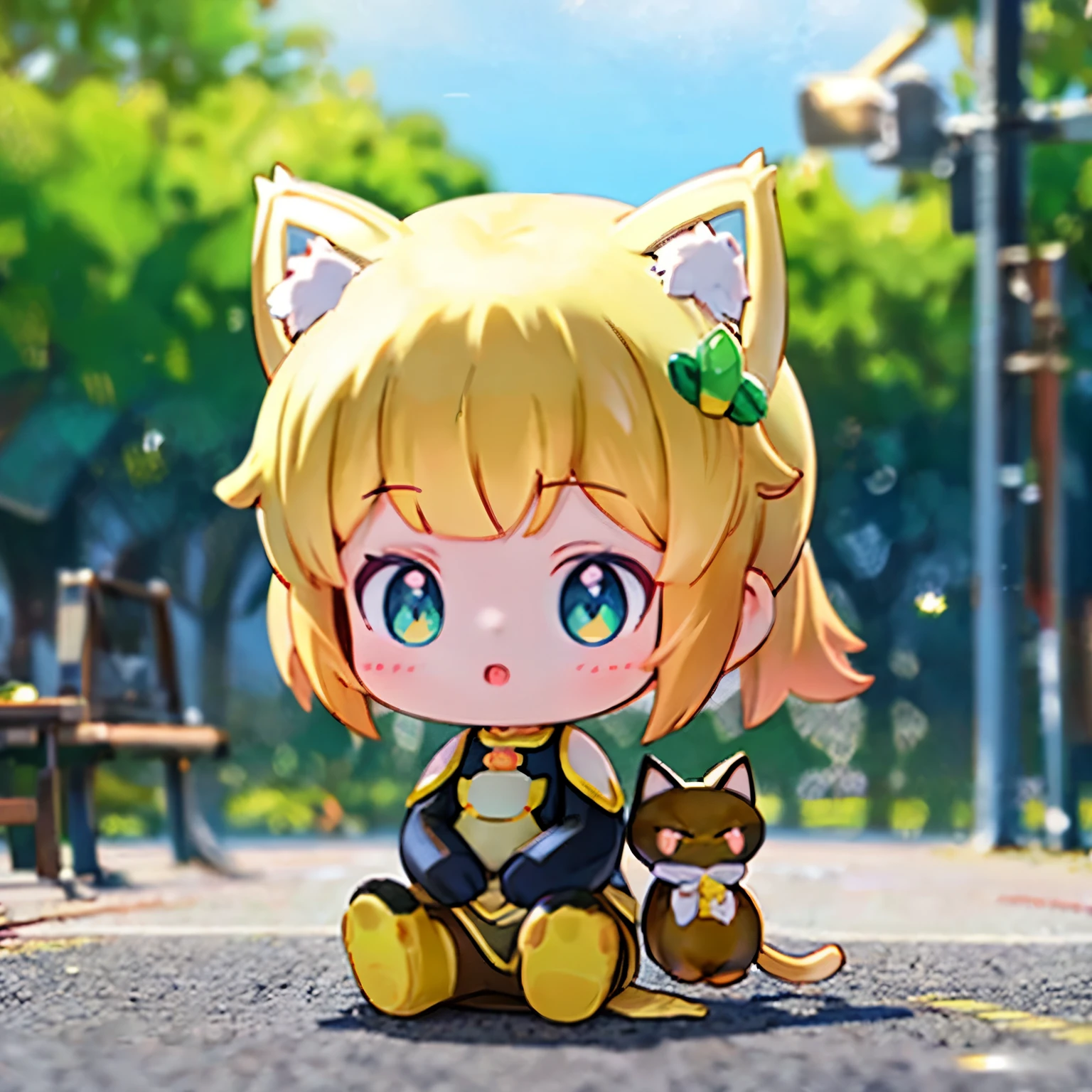 Long shot, anime girl sitting on bench, yawning, close one eye, season is summer, realistic anime cat, realistic anime art style, cute realistic portrait, beautiful anime cat girl, realistic anime art style, anime realism style, anime cat girl, very beautiful anime cat girl, realistic anime 3D style, Very Beautiful Cute Cat Girl, Cute Anime Cat Girl, Anime Style