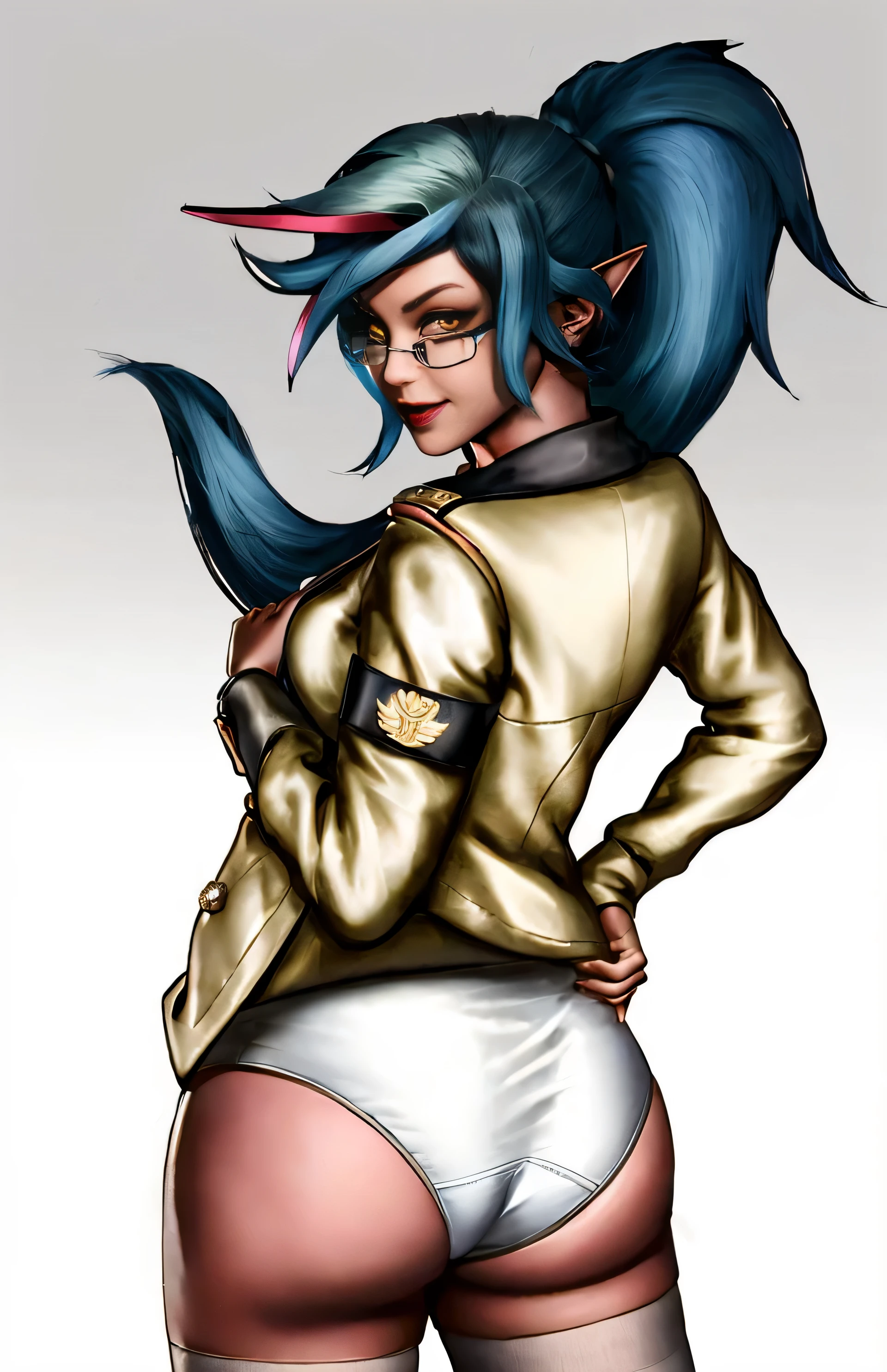 ((masterpiece, best quality)), ((27 year old)), (((Curvy))), (((Kneesocks from Panty and Stocking))), lifting up brown military uniform to reveal, ((white cotton panties)), (((Large Hips))), ((deviously smirking)), Yellow eyes, black lipstick, (((realistic art style)))