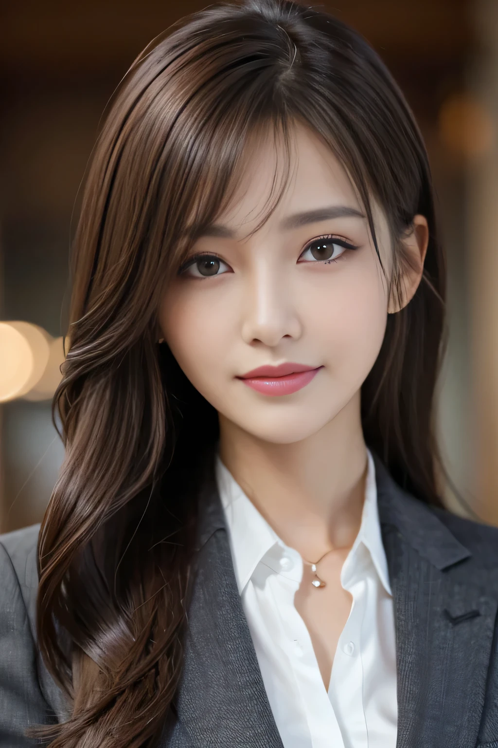 table top、highest quality、genuine、Super detailed、finely、High resolution、8k wallpaper、one beautiful woman、、、light brown disheveled hair、wearing a business suit、sharp focus、perfect dynamic composition、beautiful and detailed eyes、thin hair、詳細なgenuineな肌の質感、smile、close-up portrait、model body shape