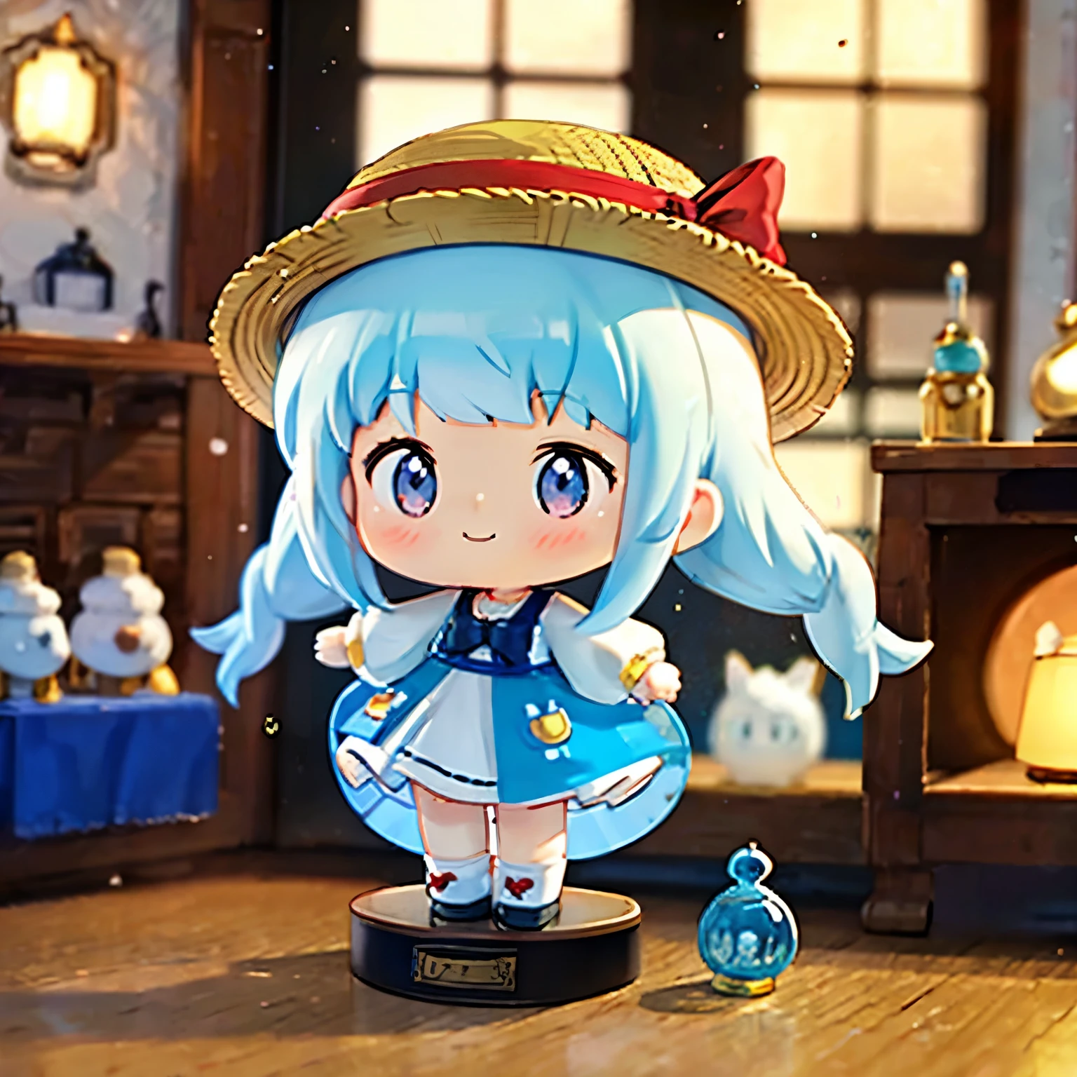 Long shot, doll dressed in flight, doll wearing one piece and straw hat, photo of PIXIV contest winner, pop-up parade figure, Good Smile Company anime style, jellyfish, anime figure, Good Smile Company fantasy